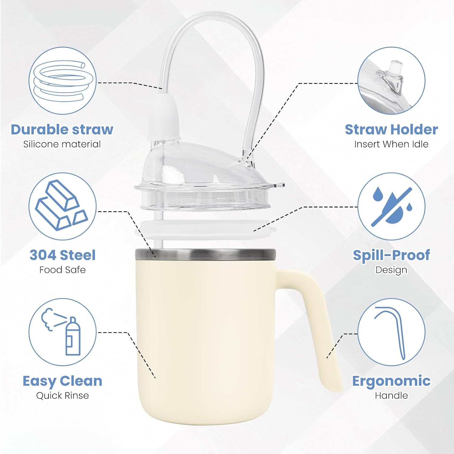 Adult Sippy Cup, 2-Pack 15 oz Stainless Steel Drinking Cup with Handle, Spill-Resistant Lid, 3-in-1 Design with Long Straw, Easy-Hold Cup for Seniors, Home and Daily Use, Grey & Beige