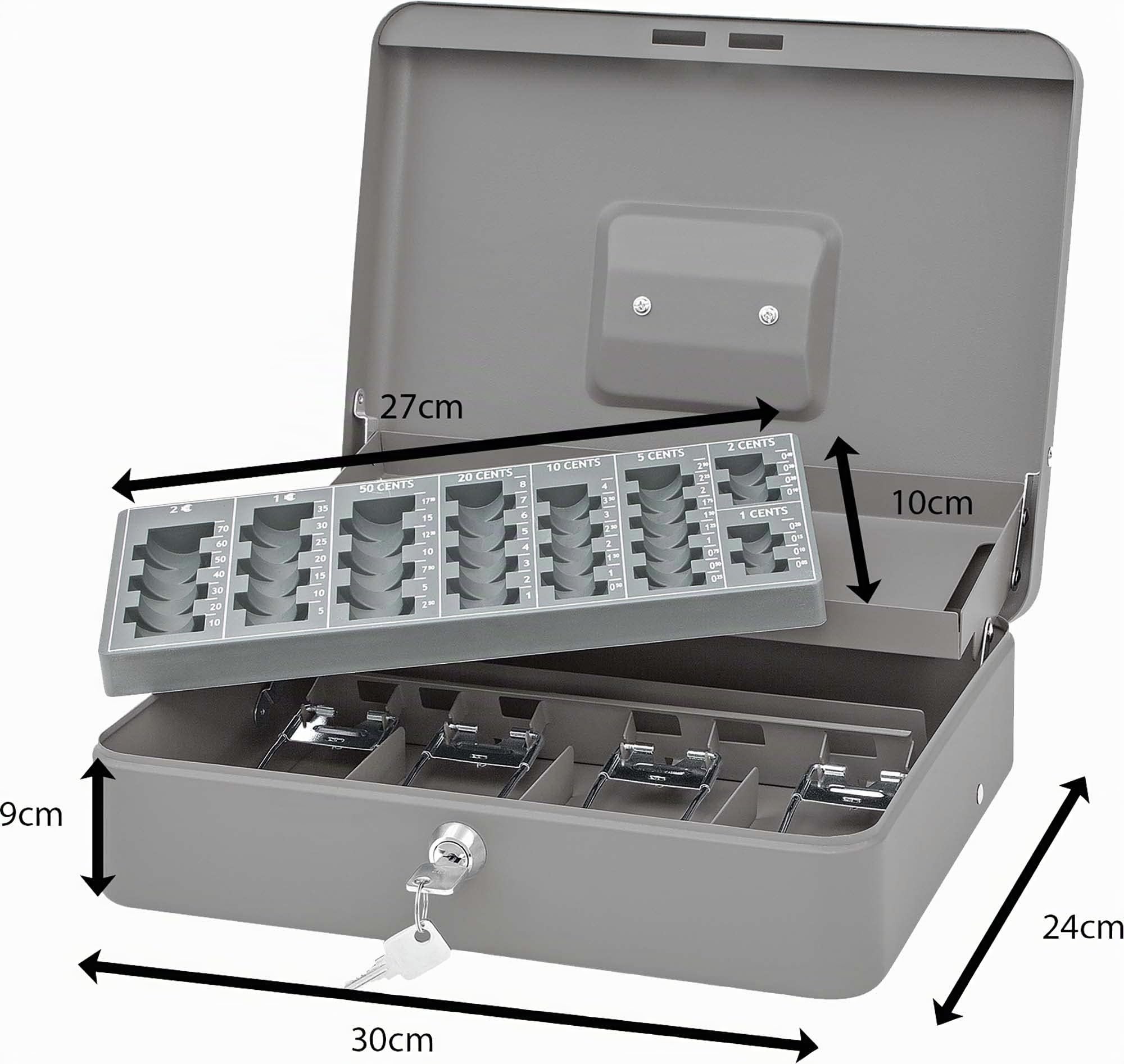 Wedo 149858012 Geldzählkassette Standard Plus, Fassungsvermögen € 137,60 Hartgeld, Sicherheitsschloss, 4-Fächereinsatz für Scheine, Tragegriff, 30 x 24 x 9 cm, pulverbeschichtetes Stahlblech, grau