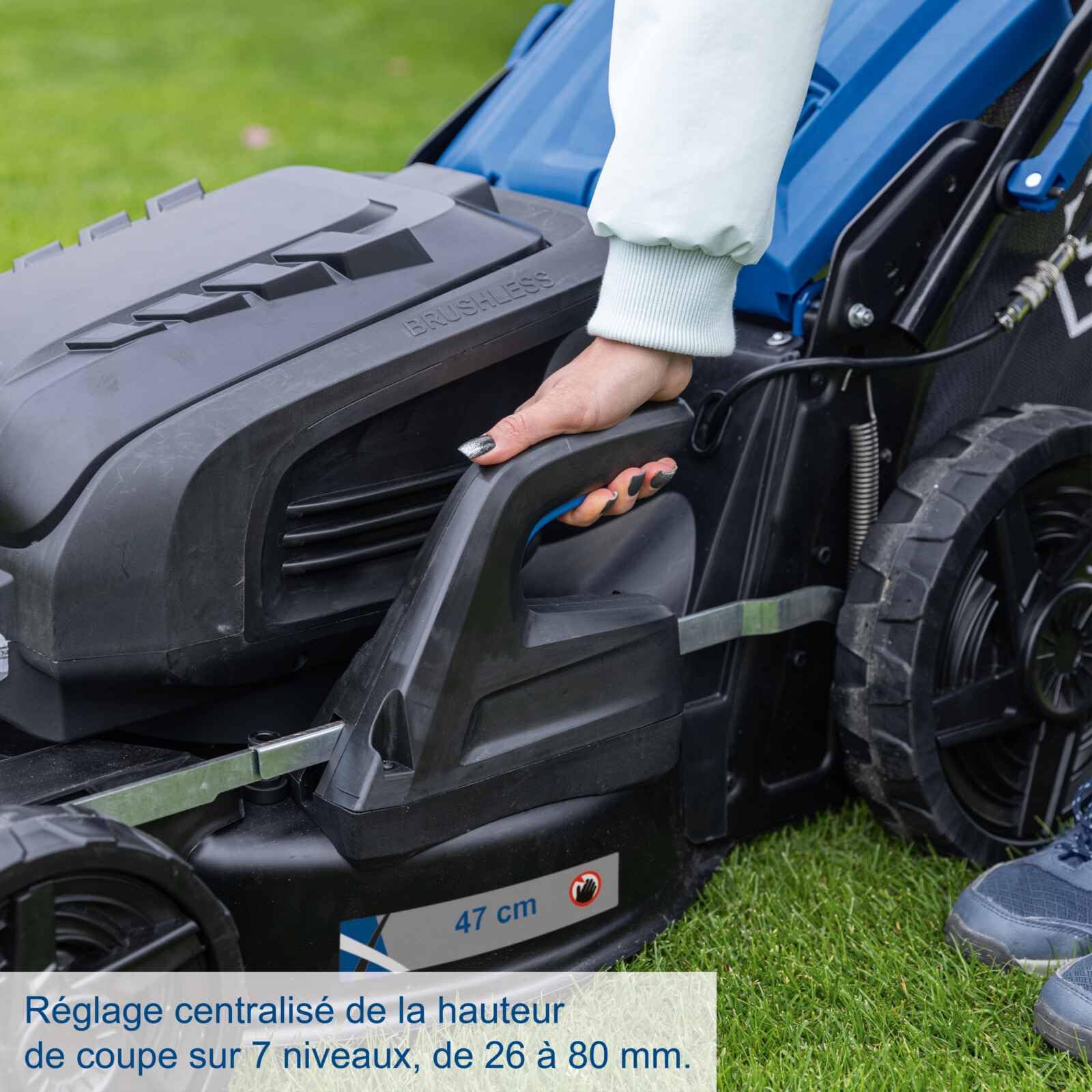 Scheppach Tondeuse à Gazon sans Fil BC-MP470-X - Série 20V IXES - démarrage électrique - Largeur de Coupe Max 47 cm - Hauteur de Coupe 26-80 mm - bac 75L - Vendu sans Batterie ni Chargeur