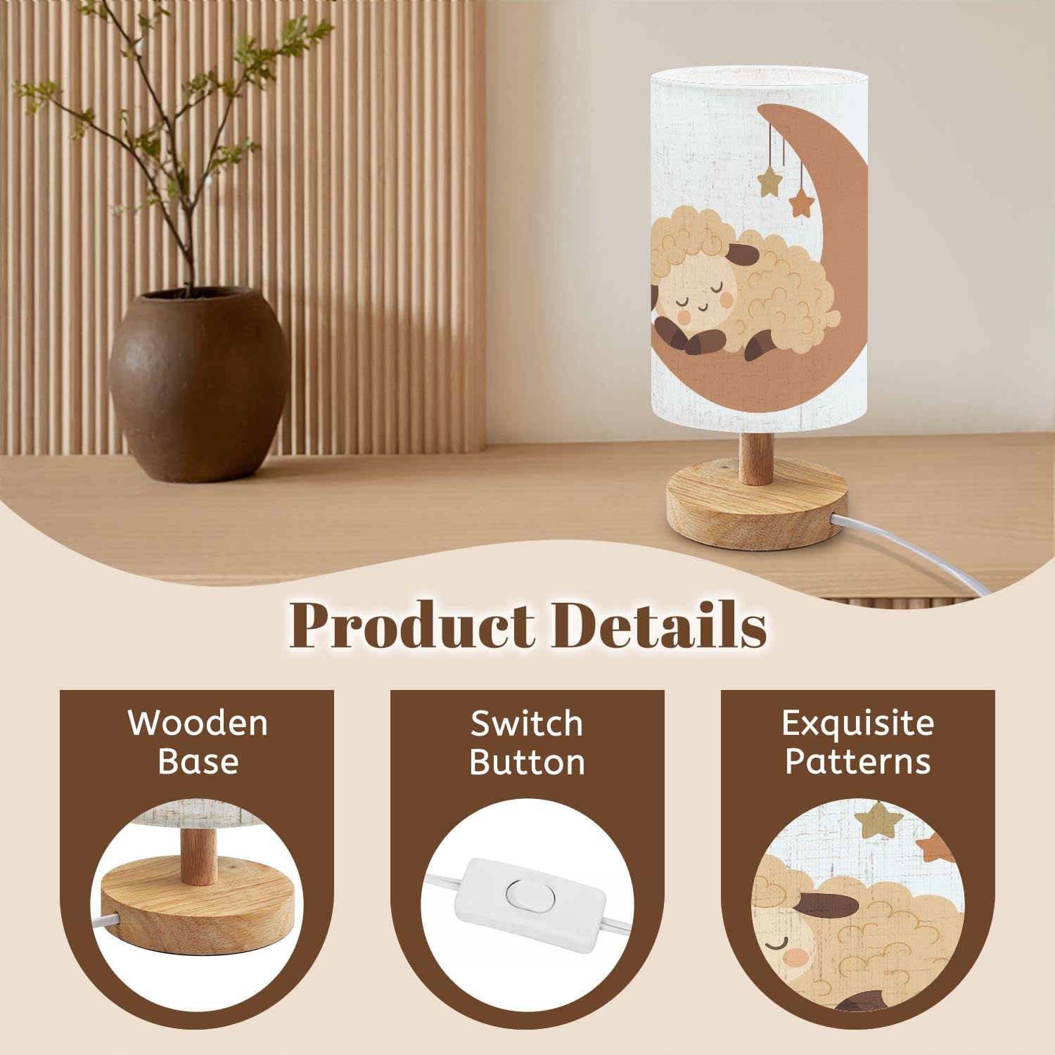 Bedside Table Lamp Cute Baby Lamb Sleeps Moon Boho Little Sleeping Sheep Dimmable Desk Lamp with Flaxen Fabric Shade Wood Base Nightstand Small Lamp for Bedroom Living Room Home