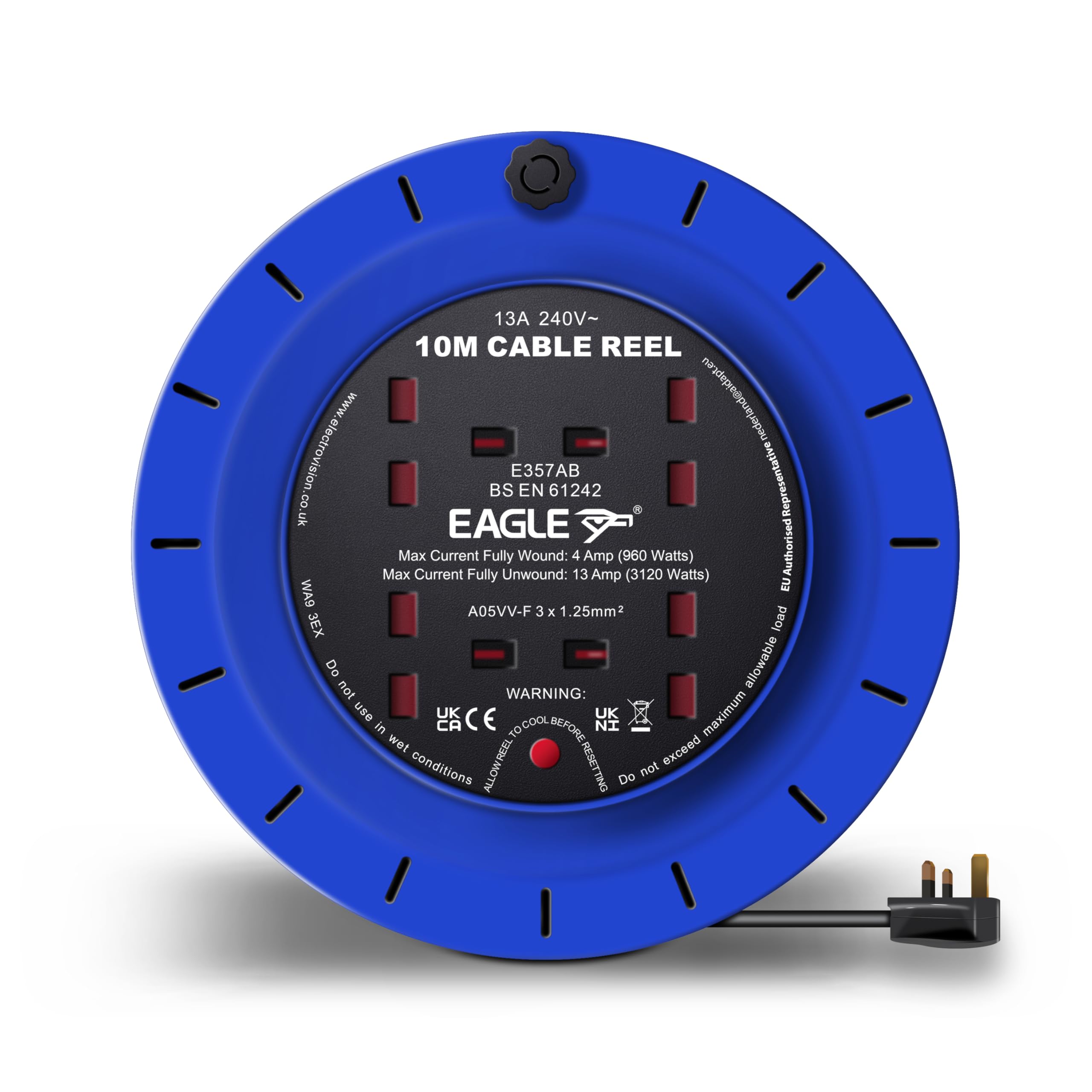 Eagle Blue 4 X Uk Socket Extension Reel With Cassette Type Holder, Restable Thermal Safety Cut Out Protection, Easy Hold Handle, Winding Handle, Uk Plug. Extending Extension Lead 13 Amps 10M