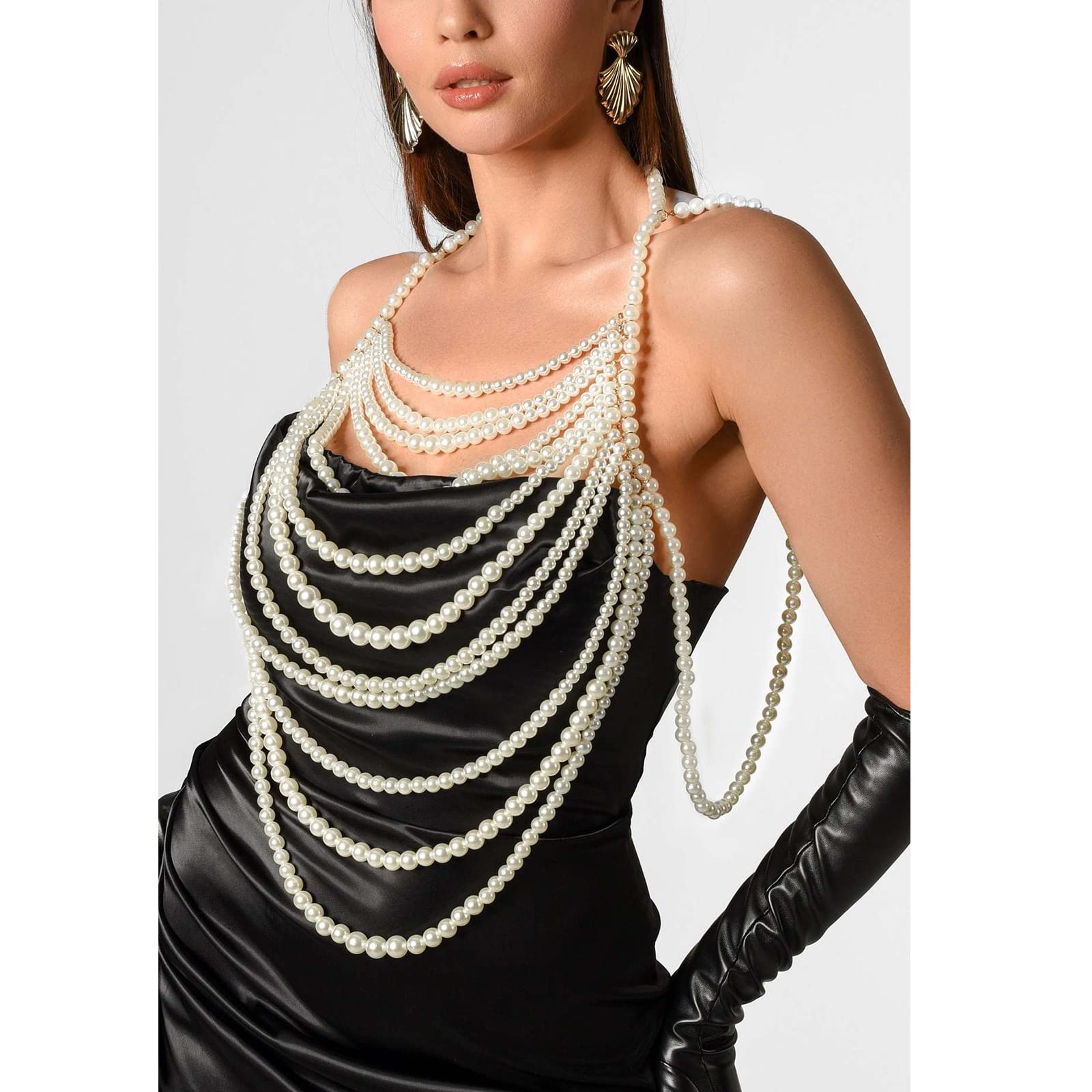 Collana multistrato con perline e perle per il corpo, bralette pettorale, gioiello per il corpo