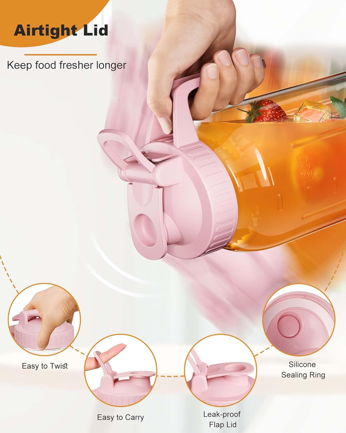 | 2 Pack | 64oz Glass Pitcher with Lid and Spout, 2 Quart (1.9 Liter) Mason Jar Pitcher Wide Mouth, Airtight Water Jug for Juice, Sun Tea, Iced Coffee, Milk Storage, Pink & Green - Image 4