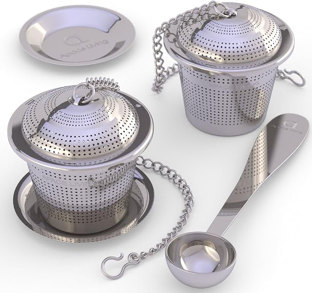 Apace Loose Leaf Tea Infuser (Set of 2) with Tea Scoop and Drip Tray - Ultra Fine Stainless Steel Strainer & Steeper