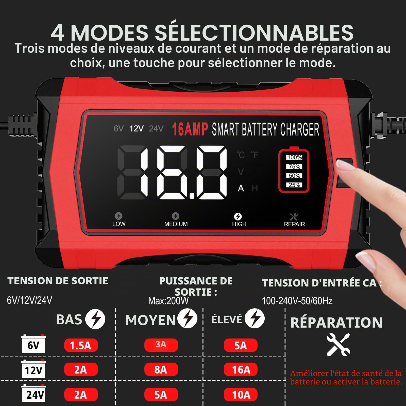 Chargeur de batterie de 16 A, chargeur de batterie de voiture au lithium LiFePO4 12 V 24 V au plomb – Chargeur de batterie intelligent à 10 étapes avec compensation de température pour voiture, camion