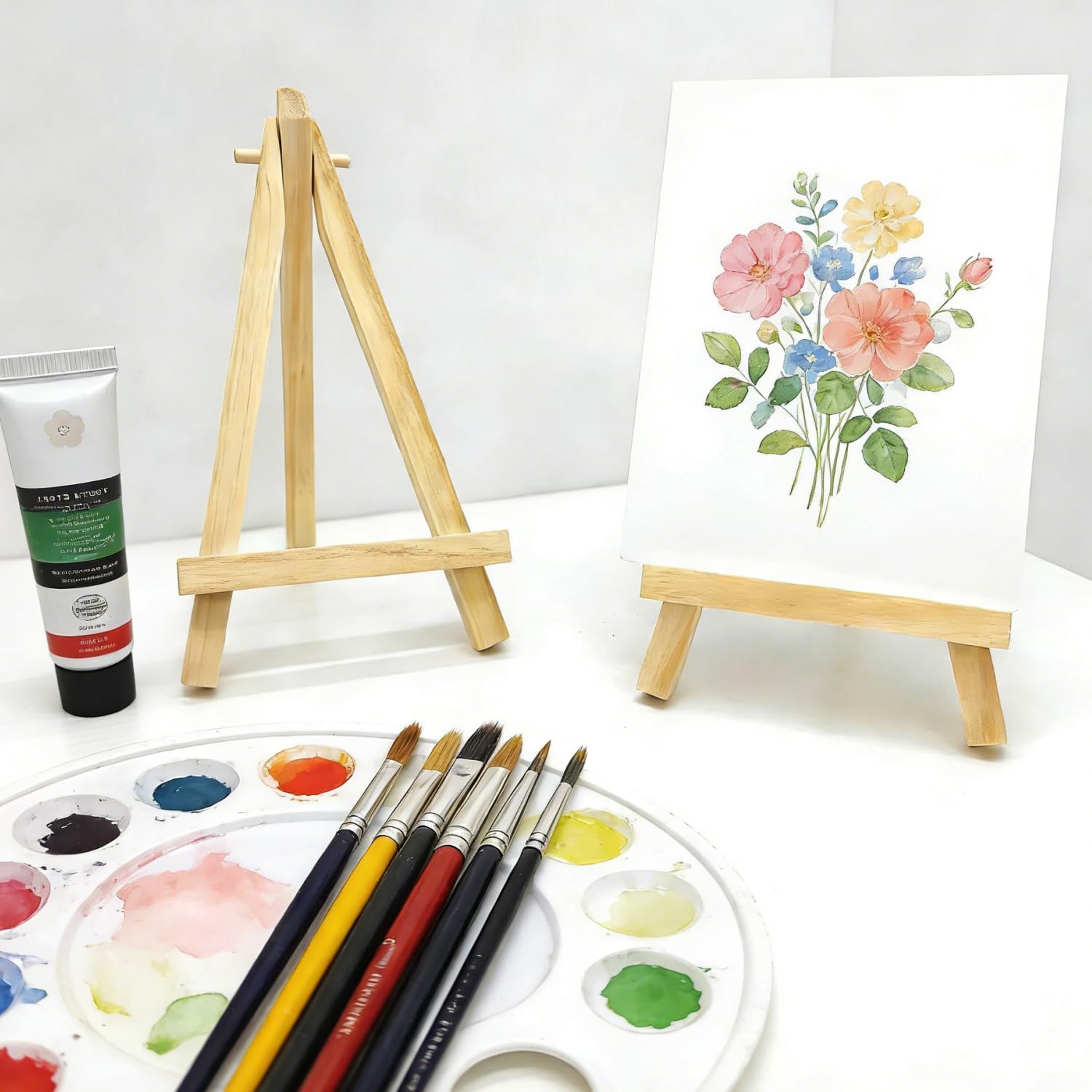 2 Pcs Mini Wooden Display Easels, Small Tabletop Easel Stands for Canvas, Photos, Art,Crafts,Weddings,Business Cards,and Signs,Natural Wood Triangle Easels for Decoration and Display (5.9"x3.1")