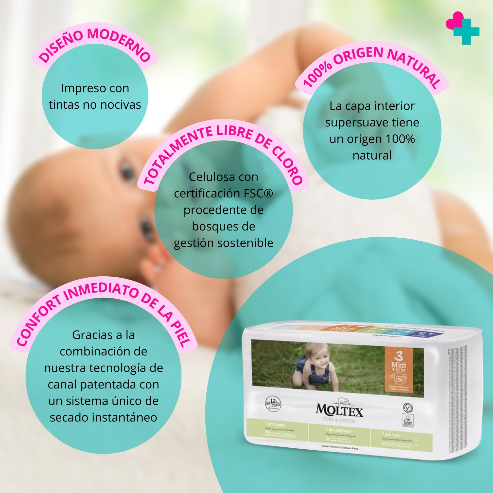 Pañales Infantiles Ecológicos Pure&Nature. Pañales Desechables. Pañales con Tecnología de Sequedad Instantánea. Hasta 12 Horas Seco. (2 Paquetes, Talla 3)