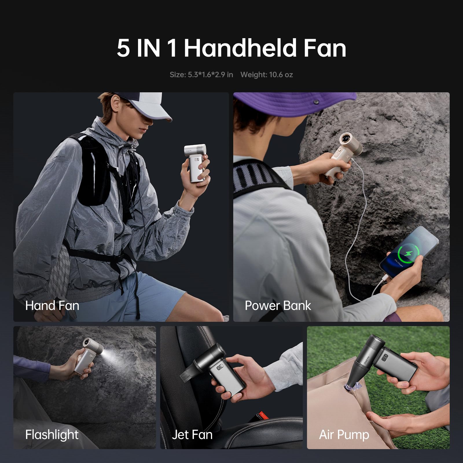 JISULIFE Tragbarer Handventilator Ultra2 9000mAh, 5-in-1, 100 Geschwindigkeiten, max 25h Akkulaufzeit, 18W Powerbank mit Taschenlampe, Metallgehäuse, Reisegeschenk für Männer und Frauen-Grau