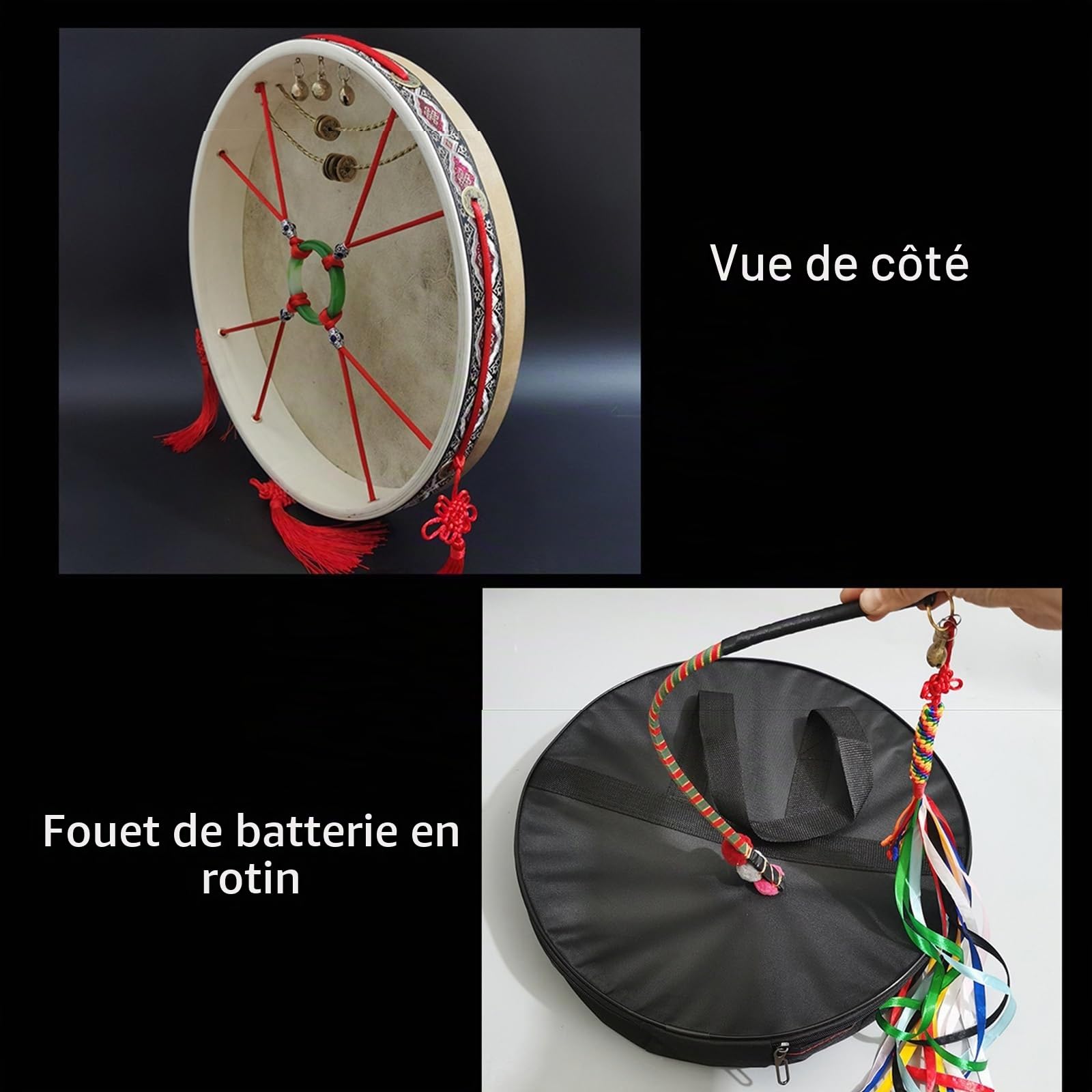 Tambour de Buffle Double Rangée Roseau en Cuivre avec Baguettes Percussion Tambour Chamanique Alchimie Tambour à Main, Guérisseur de Son Spirituel Méditation Réflexion(50cm,3-piece set)