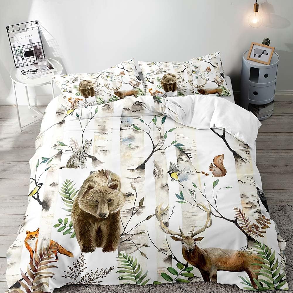 LUVIVIHOME 3PCS Deer Bear Duvet Cover Full Bedding Set, White Duvet Cover, Toddler Baby Boys Girls Kids Bedding, Fox Squirrel Bird Forest Woodland Animals Lodge Cabin Comforter Cover, 2 Pillow Shams