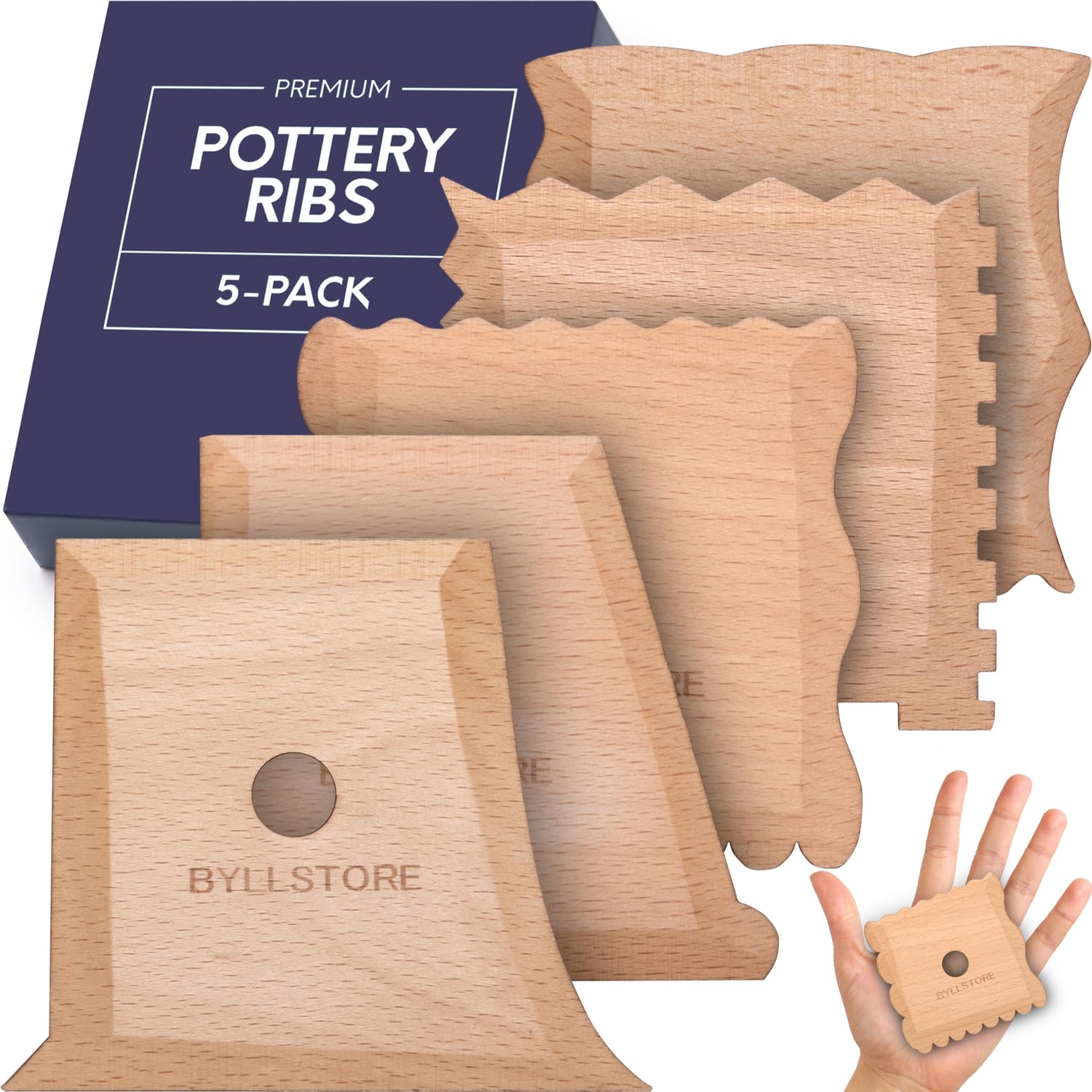 ByllstorePottery Ribs & Trimming Tools | 2 Foot Shaper Tools | 4 Clay Texture Ribs | Solid Beech Wood | Several Pack Options (5-Pack)