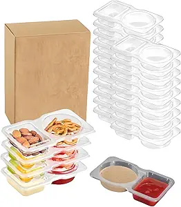 20-Pack Snack Containers with Lids, Disposable Double Compartment Sauce Cups, Portable Plastic Boxes for Snacks, Dips, Meal Prep, Portion Control, School, Office, Camping & Travel