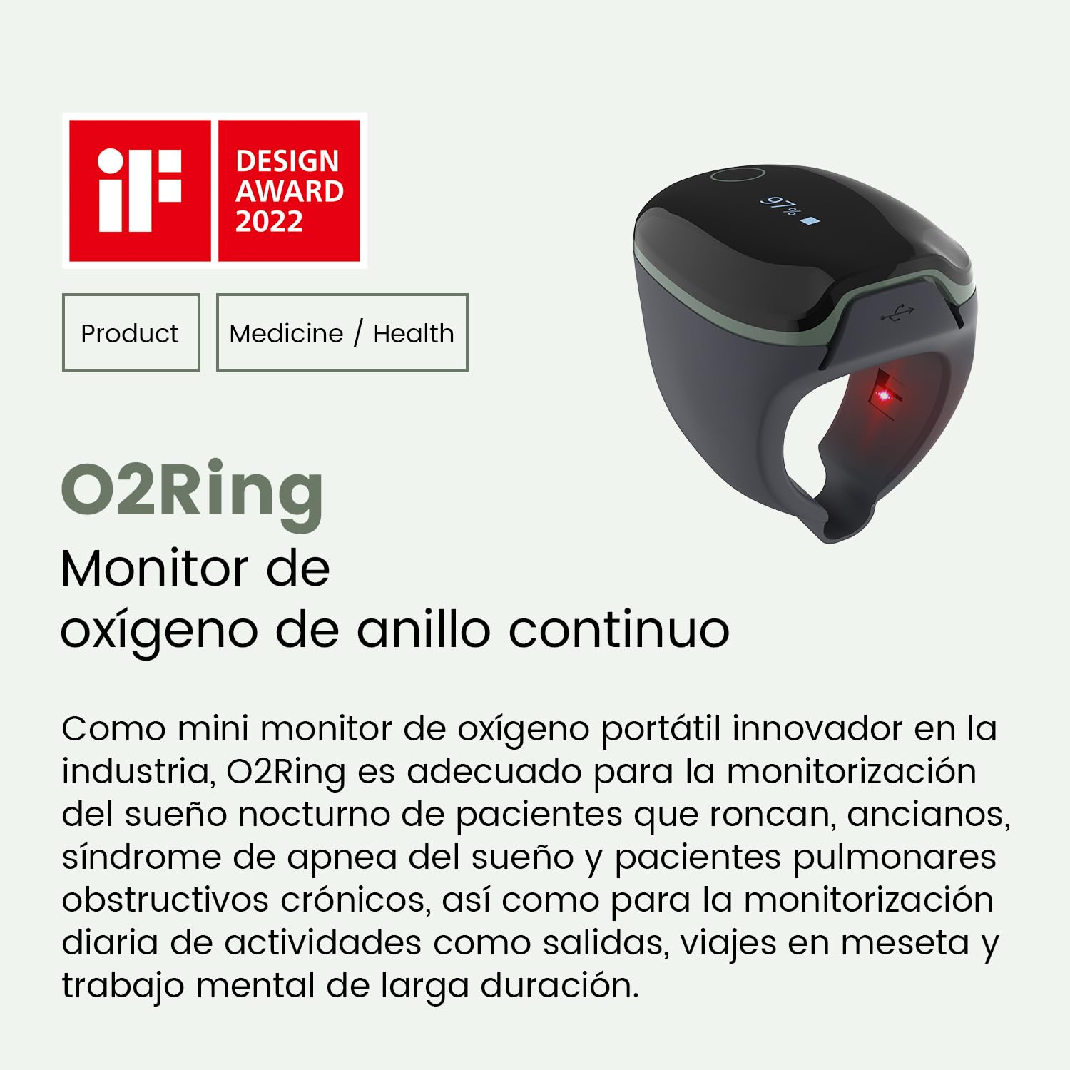 ViATOM O2ring Bluetooth oxímetro, oxímetro de pulso punta de los dedos para la monitorización continua durante la noche, oxímetro del sueño para medir SpO2 y la frecuencia cardíaca (verde)