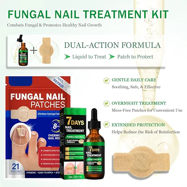 Fungal Nail Patches & Ginger 7 Days Nail Treatment, 21pcs Toenail Treatment Patches Extra Strength - Overnight Nails Repair Care for Damaged, Discolored Nails