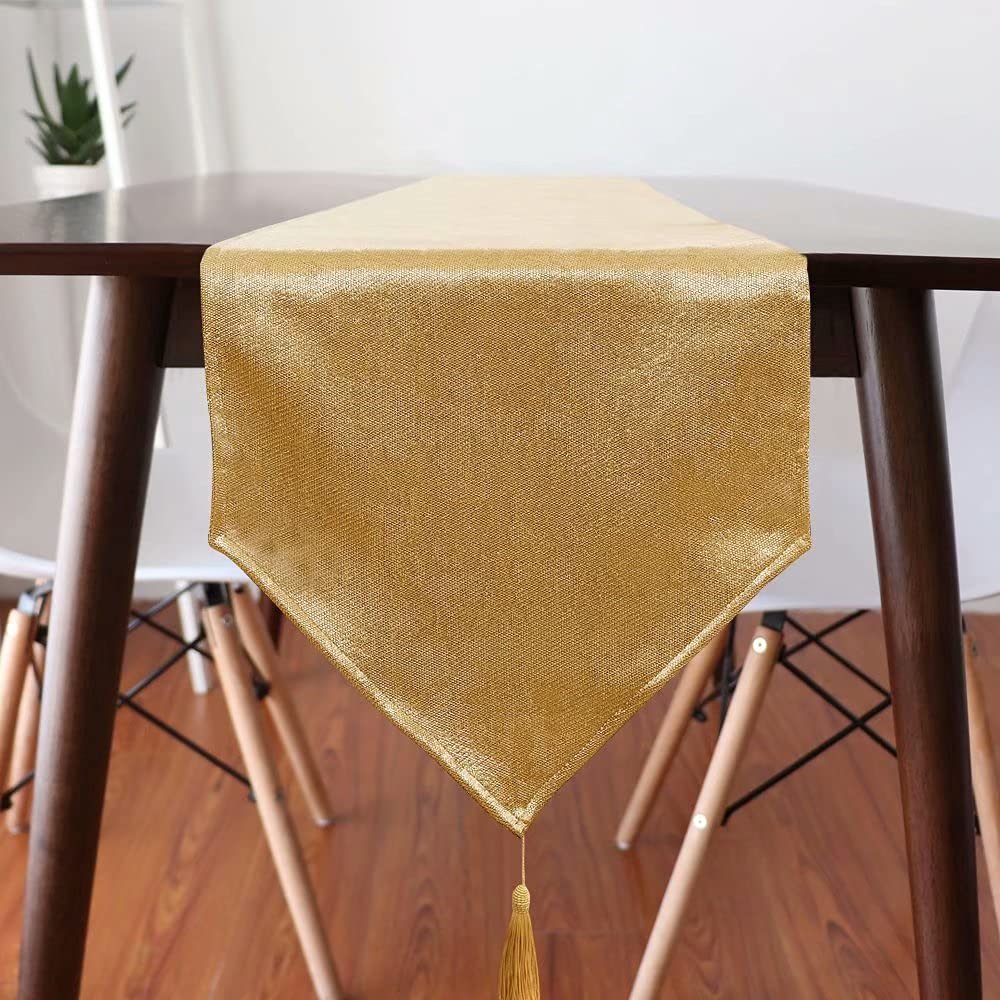 WAITER TREE Faux Linen Table Runner with Tassels Waterproof Sparkling Runners for Party Home Table Docorations Birthday Wedding Bridal Baby Shower (Gold, 14 x 95 inch)