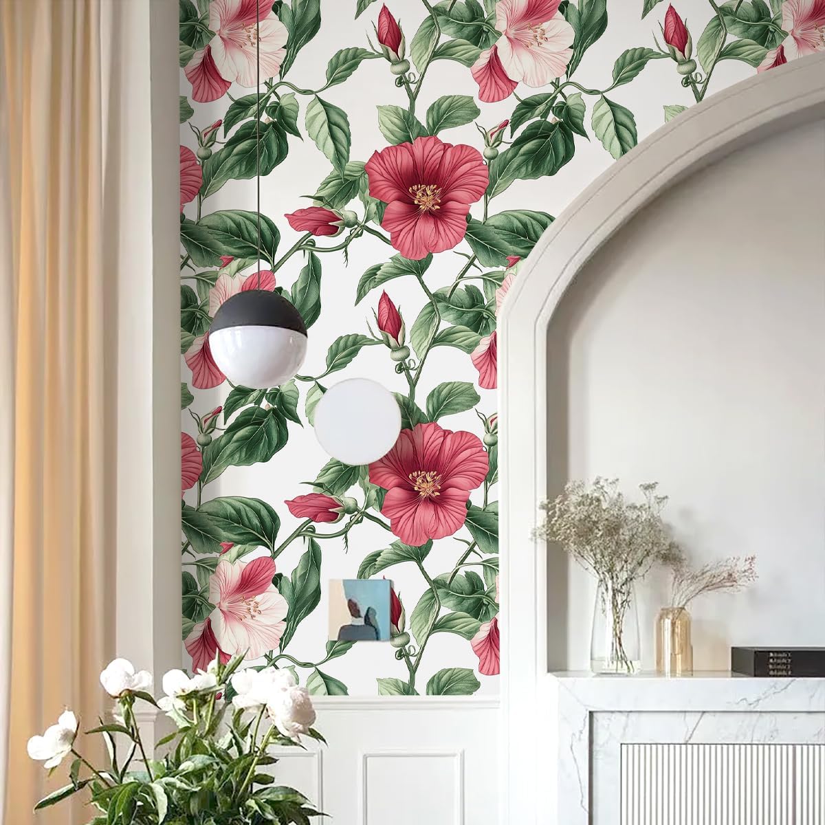 Livebor Floral Peel and Stick Wallpaper Floral Boho Contact Paper 16.9”x196.8” Modern Leaf Flower Wall Paper Removable Self Adhesive Waterproof for Bedroom Cabinets