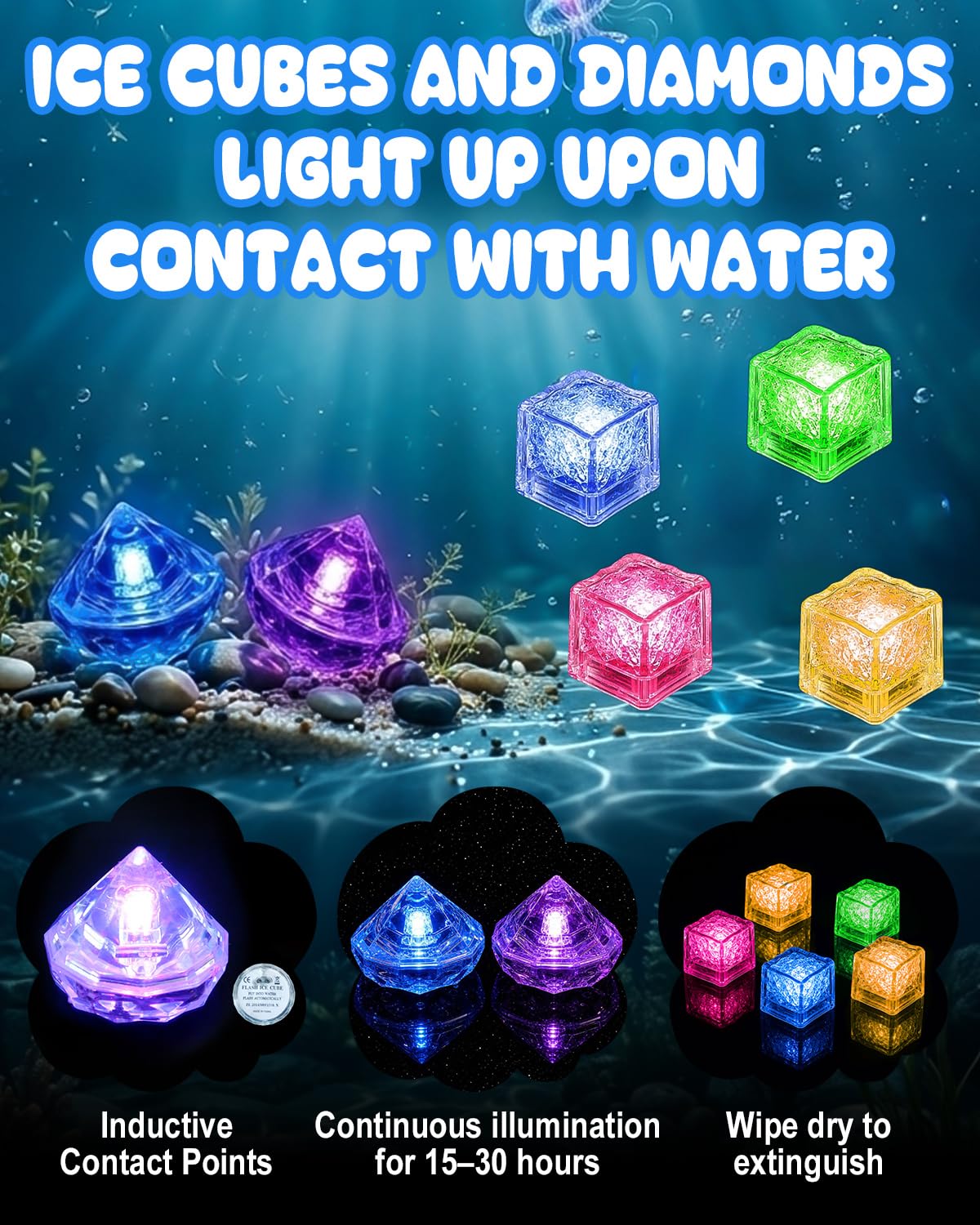 33 Pezzi Giocattoli da Immersione, Giocattoli da Piscina con Cubetti Luminosi a LED e Diamanti di Cristallo, Piscina Subacquea Immersioni Giocattolo per Bambini con Palla da Spiaggia, Sirene Rotanti