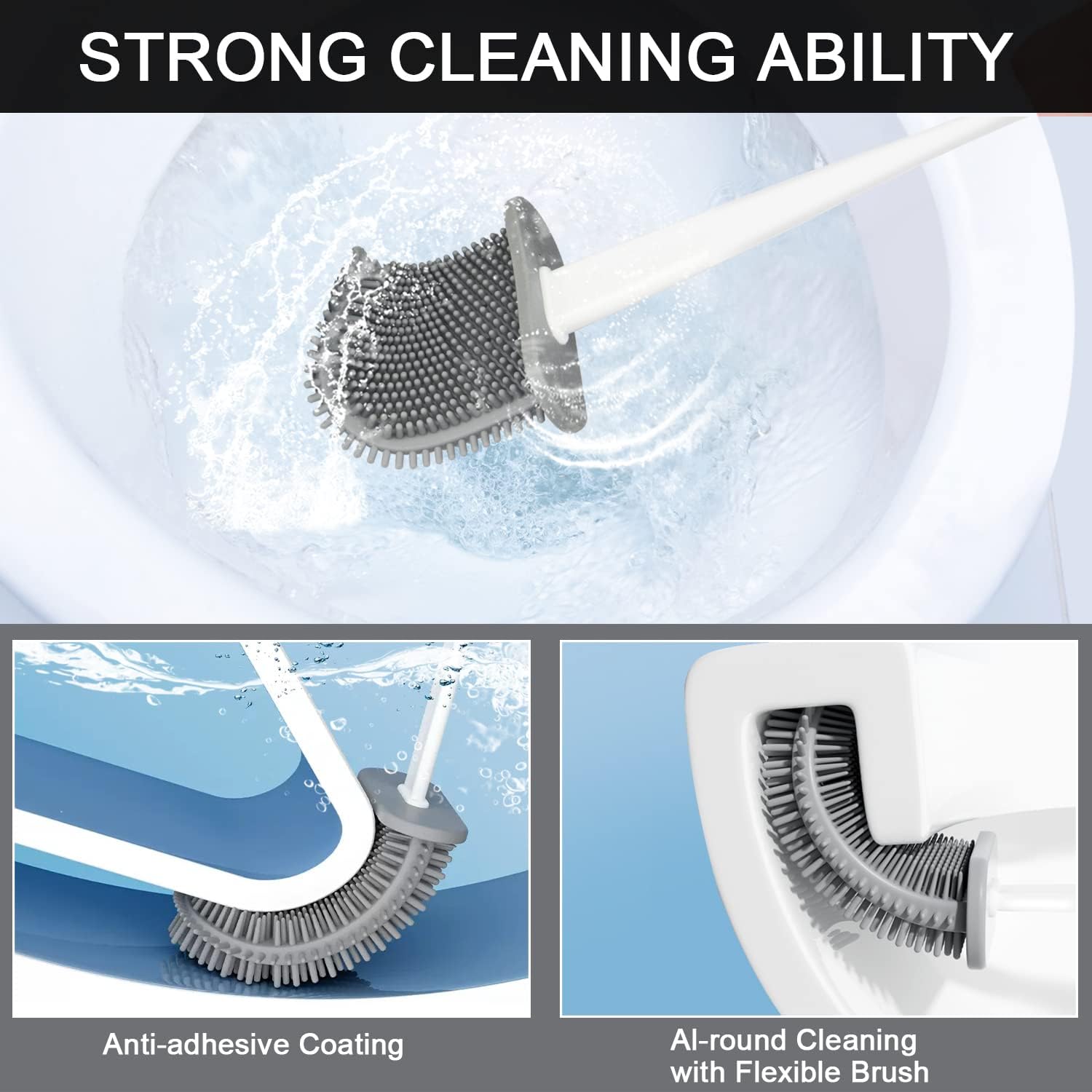 Silicone Toilet Brush and Holder Set, Deep Cleaning Bowl Toilet Brush with Soft Flexible Bristles and No-Slip Plastic Handle, Silicon Toilet Brushes with Base for Anti-drip (1-pack) (mts-1)