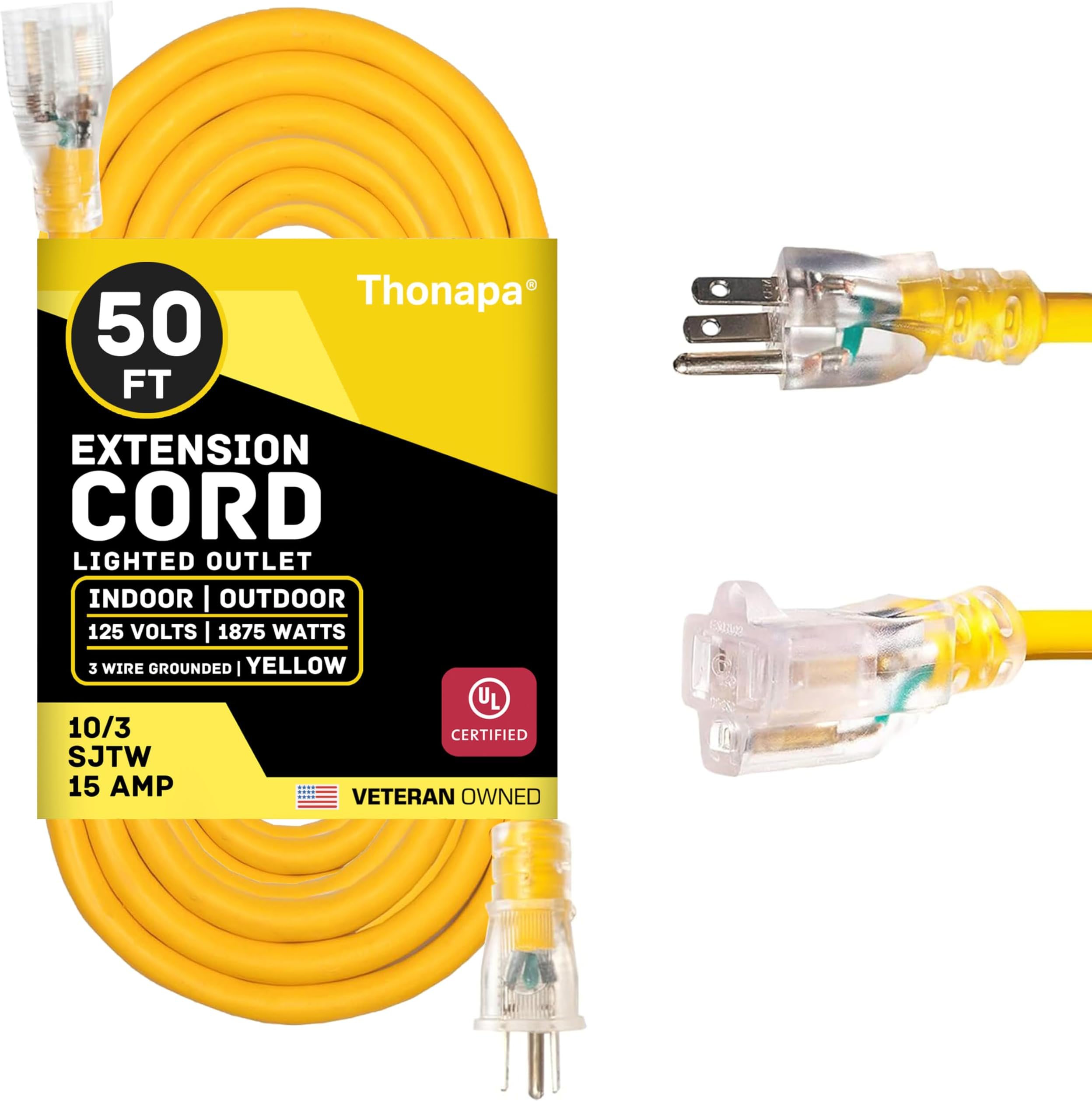 10 Gauge Extension Cord 50 ft, Weatherproof Heavy Duty Outdoor Extension Cord 10 AWG 50’, SJTW 3 Prong Lighted Plug 10/3 Yellow Cable 15 Amp, Great for Major Appliances & Garden Tools