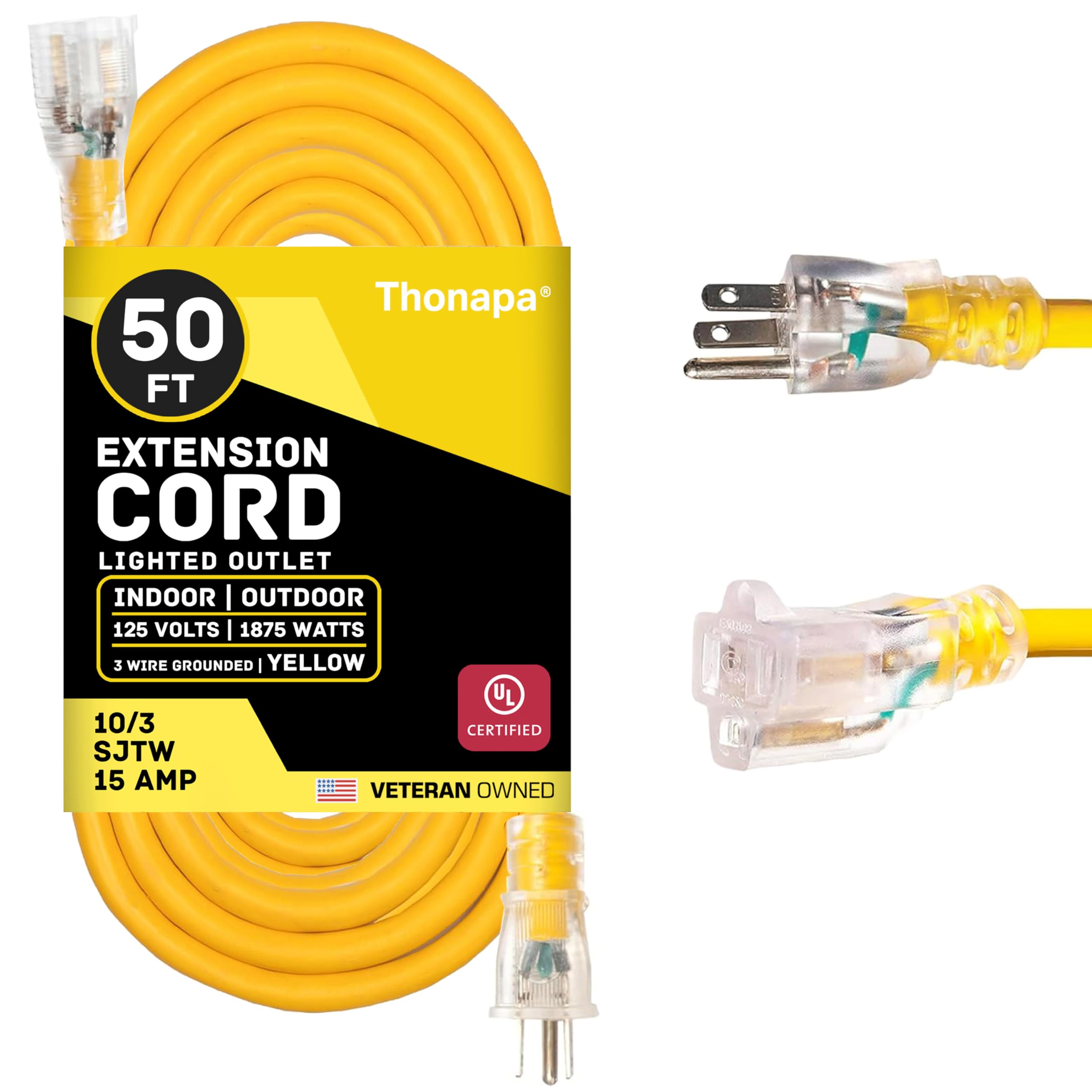 10 Gauge Extension Cord 50 ft, Weatherproof Heavy Duty Outdoor Extension Cord 10 AWG 50’, SJTW 3 Prong Lighted Plug 10/3 Yellow Cable 15 Amp, Great for Major Appliances & Garden Tools