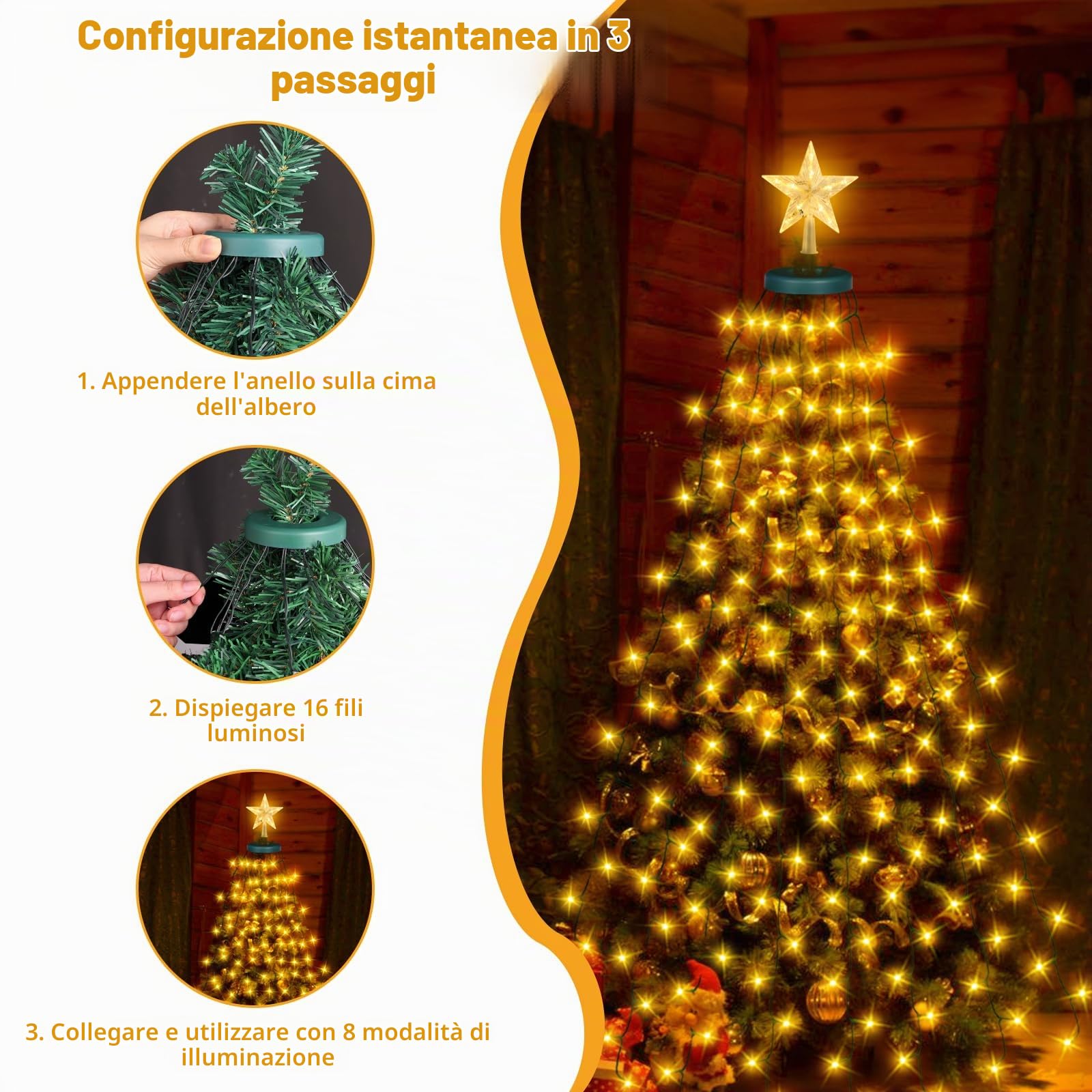 Luci Albero Natale Esterno Cascata, 2Mx16 Fili 420LEDs Luci Albero Natale, 8 Modalità Luci di Natale per Albero con Anello, IP44 Impermeabile per Interni Esterni Giardino (Caldo-Star)