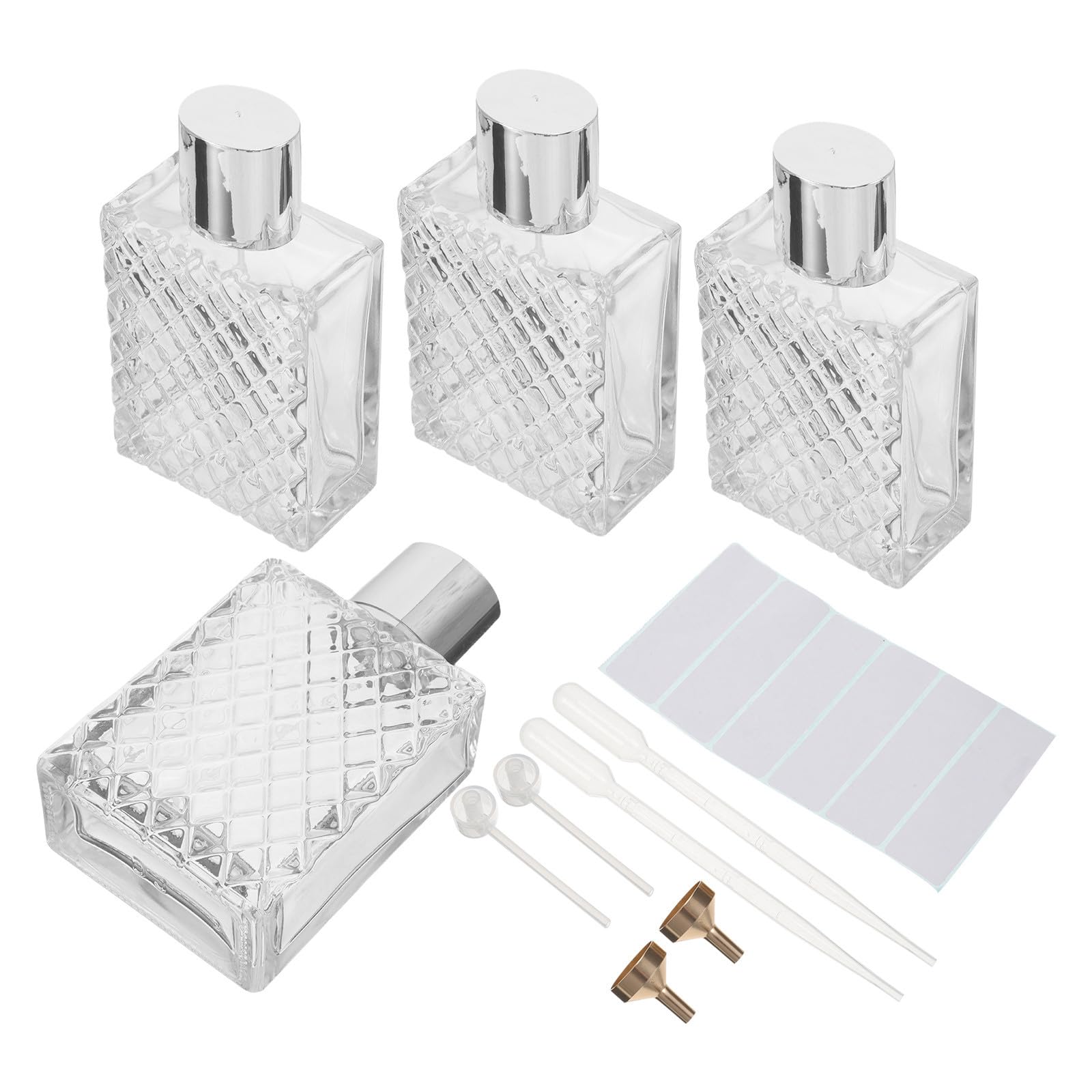 4 Stück Quadratische 100 Ml Glas Parfümzerstäuber mit Silbernem Schraubverschluss Nachfüllbare Reise Sprühflaschen mit Trichter Strohhalm und Aufklebern für Duftaufbewahrung