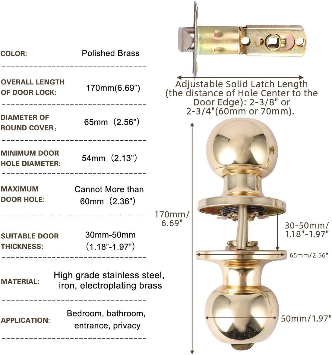 XIUDI Entry Door Knob with Lock and Key,Ball Stainless Steel Keyed Door Lock,for Privacy Bedroom/Bathroom,Polished Brass