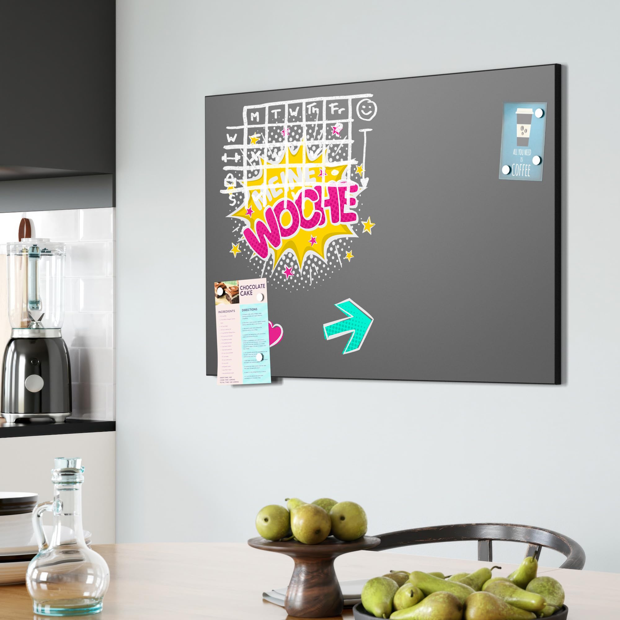 DEQORI Magnetyczna tablica do pisania kredą z nadrukiem UV, motyw "Mój tydzień w kolorze", prostokątna, 90 x 60 cm, metalowa tablica kredowa do pisania – dekoracja ścienna do kuchni, korytarza, pokoju
