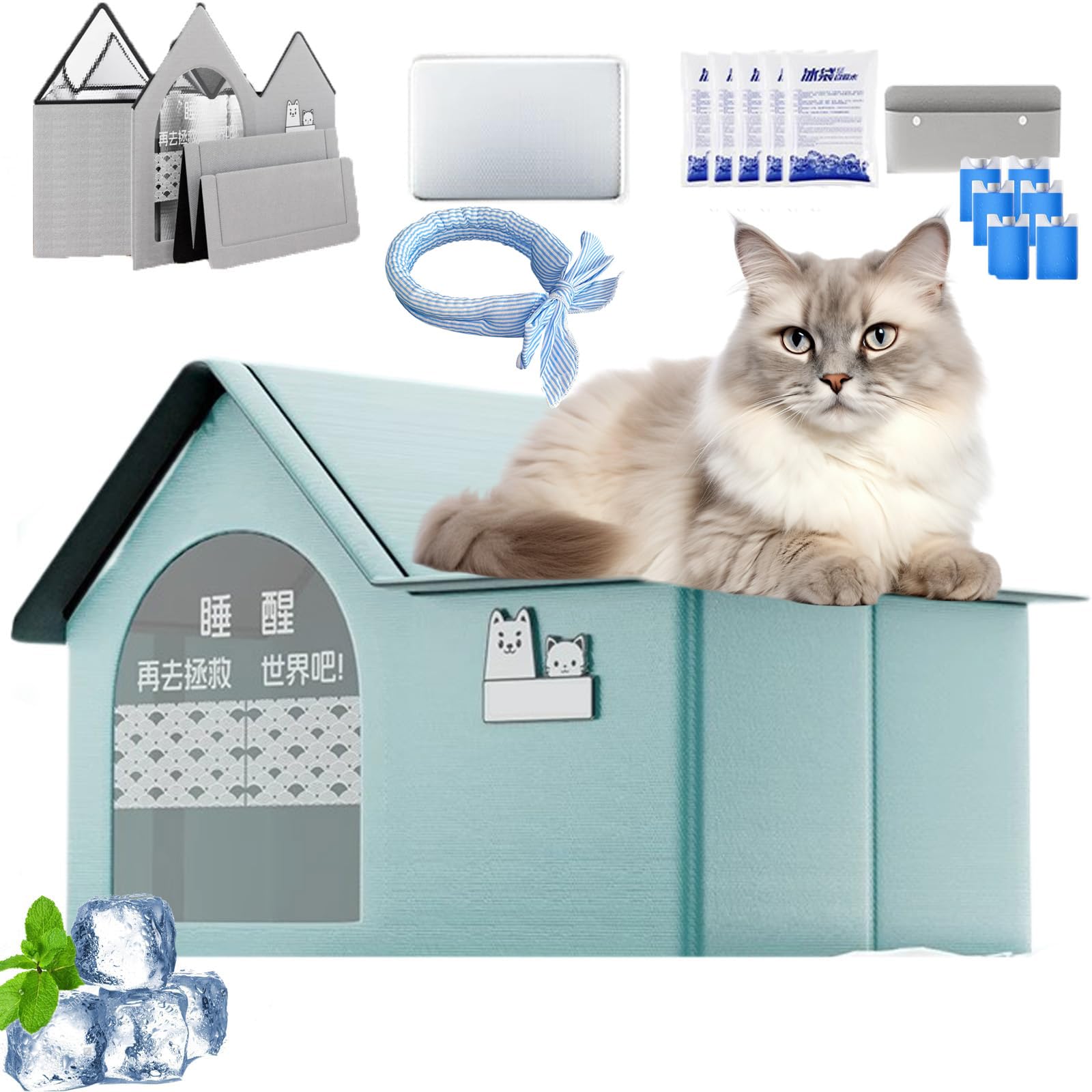 Kühlhaus für Katzen im Sommer – Faltbares Katzen Kühlhaus mit 3-Schicht-Isolierung & Eiskristallbox, Kratzfestes Oxford-Gewebe, Kühlende Katzenhütte für Hunde & Katzen bis 15 kg (Green-3,M)