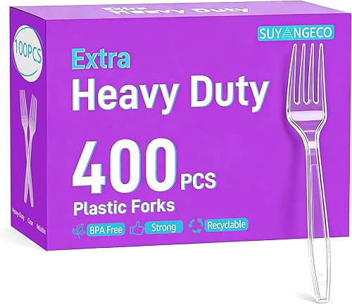 [400 Count] Heavy Duty Clear Plastic Forks Disposable Plastic Fork Bulk Utensils Reusable Cutlery Set Thick Plasticware Silverware for Party,Every