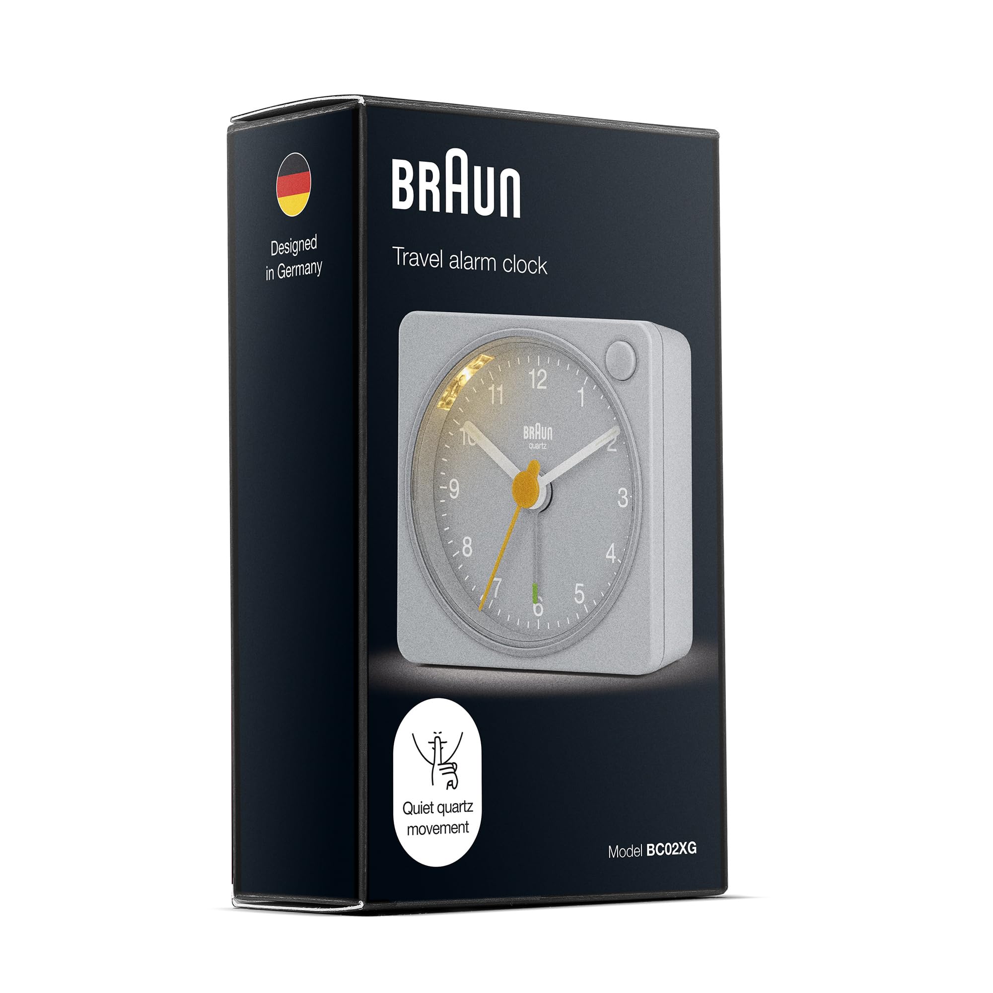 Braun Sveglia analogica Classic da viaggio con snooze e luce, dimensioni compatte, movimento al quarzo silenzioso, allarme sonoro in crescendo, grigio, modello BC02XG.