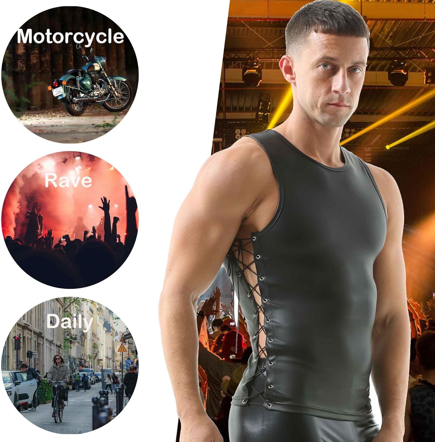 QiaTi Mens Leather Tank Top Lace Up Leather Sleeveless Shirt Round Neck Faux Leather Vest Undershirts for Rave - Image 5