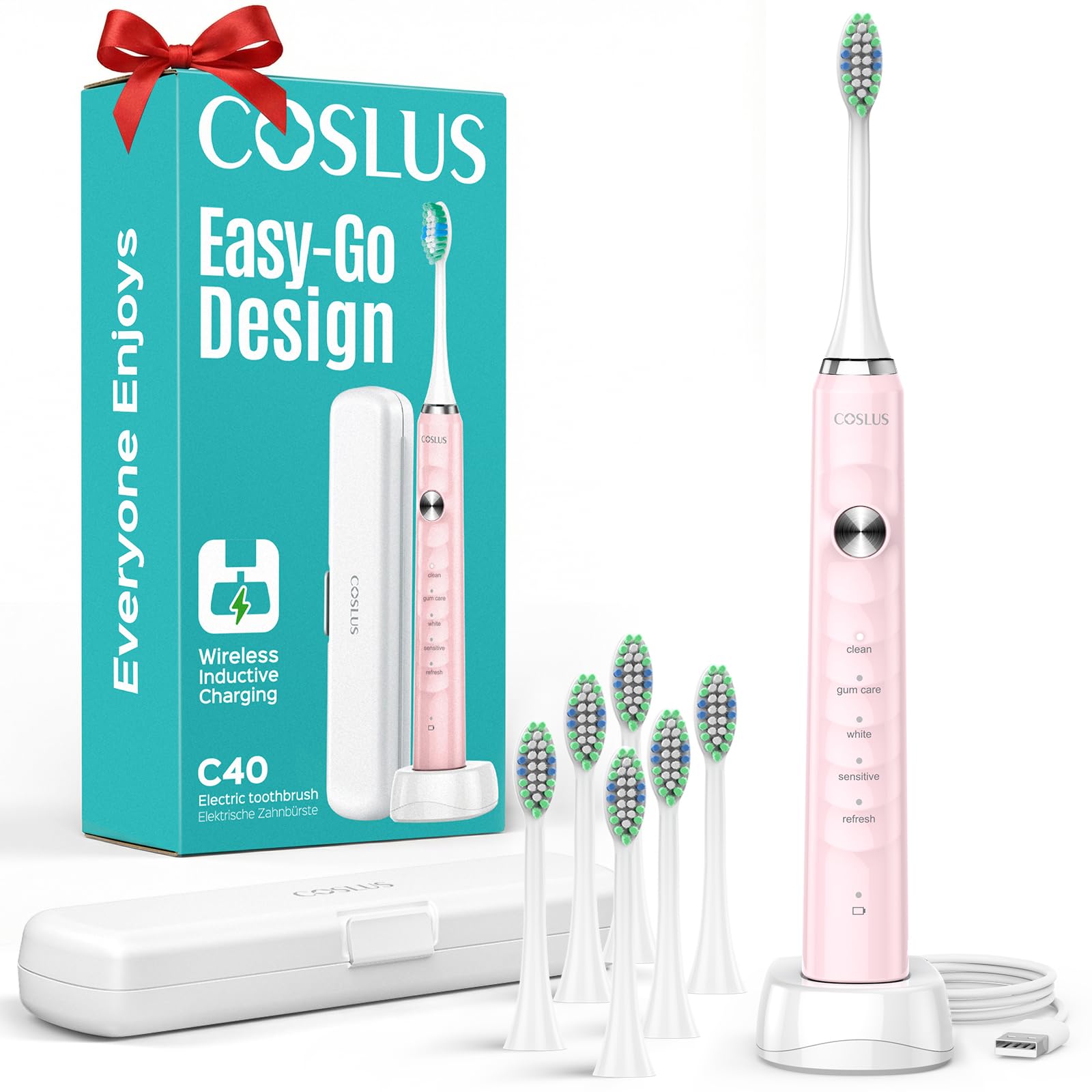 COSLUS Sonic Electric Toothbrush for Kids & Adults: 47000 VPM for Deep Cleaning & Whitening with Travel Case - 5 Modes for Sensitive Teeth & Braces, Wireless Charging, 6 Brush Heads, Pink (1PC)