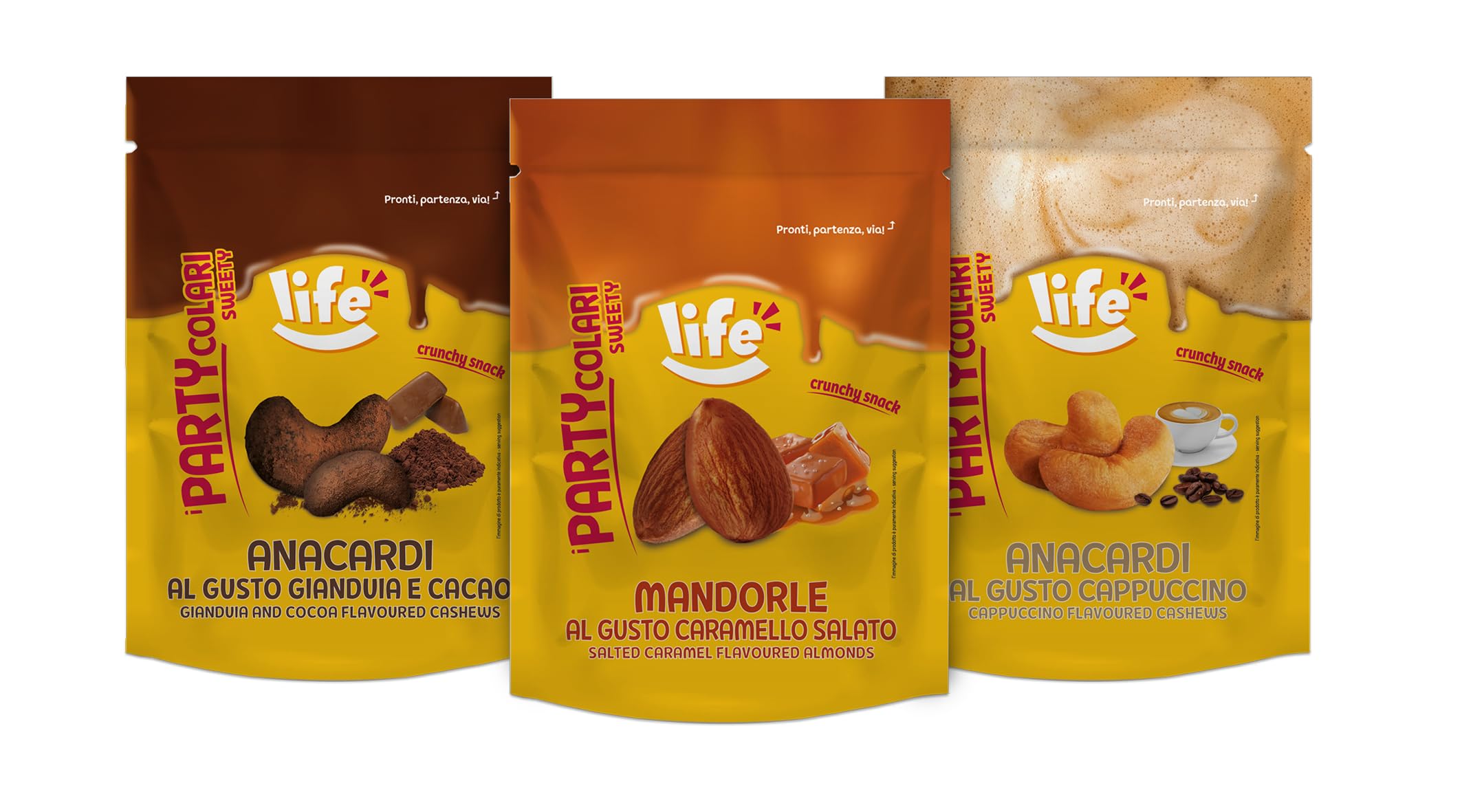Life | PARTYCOLARI DOLCI Anacardi Gusto Gianduia e Cacao, Snack Croccante, Perfetto Come Arricchitore di Dolci, Gelati e Dessert, Non Fritto, 16x70g