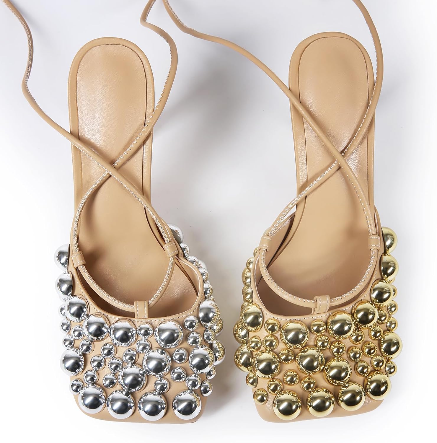 Saint Leia Women's 4IN High Heel Sandals Nude Stiletto Pumps with Gold Silver Pearls Heels for Weddings Parties and Evening Wear - Image 6