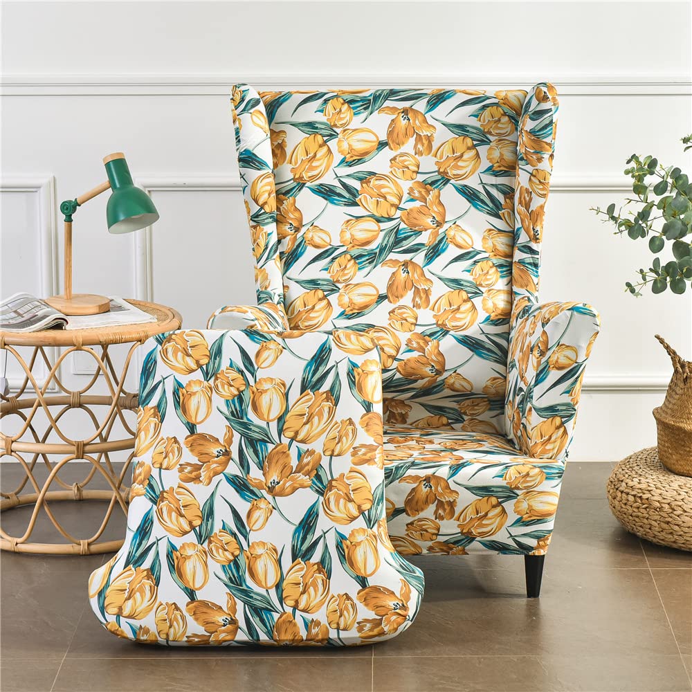 Highdi Fodera Per Poltrona Con Orecchie 1 Posto Elasticizzata - Copridivano 2 Pezzi Con Stampa Floreale Pastorale, Fodera Cuscino Inclusa, Antiscivolo E Lavabile (Rododendro) - 2