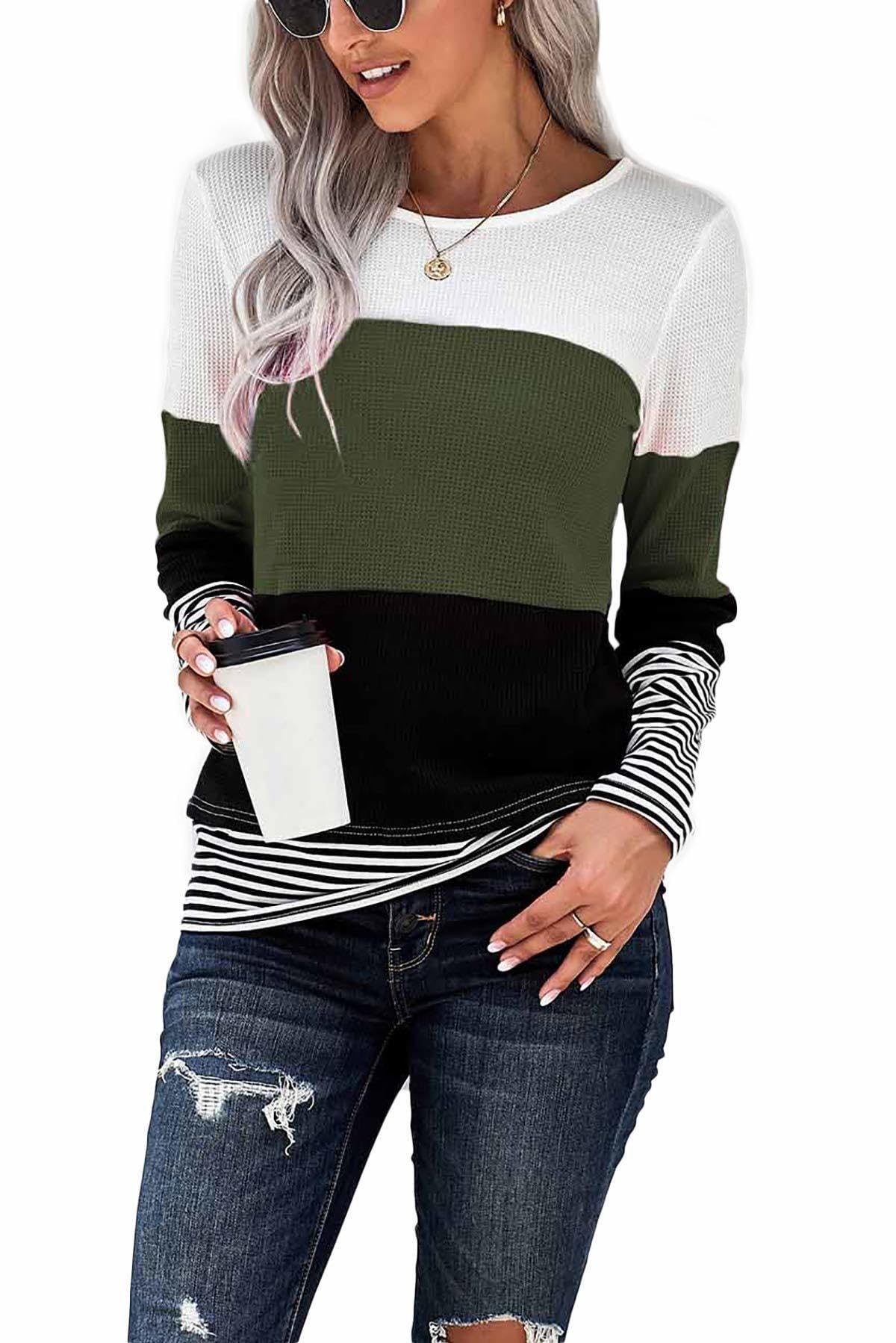 Smeng Women's A-Green T Shirts For Uk Long Sleeve Jumper Patchwork Crew Neck Color Block Sweatshirts Quality Clothes Striped Pullover Green Size(Uk18-20)