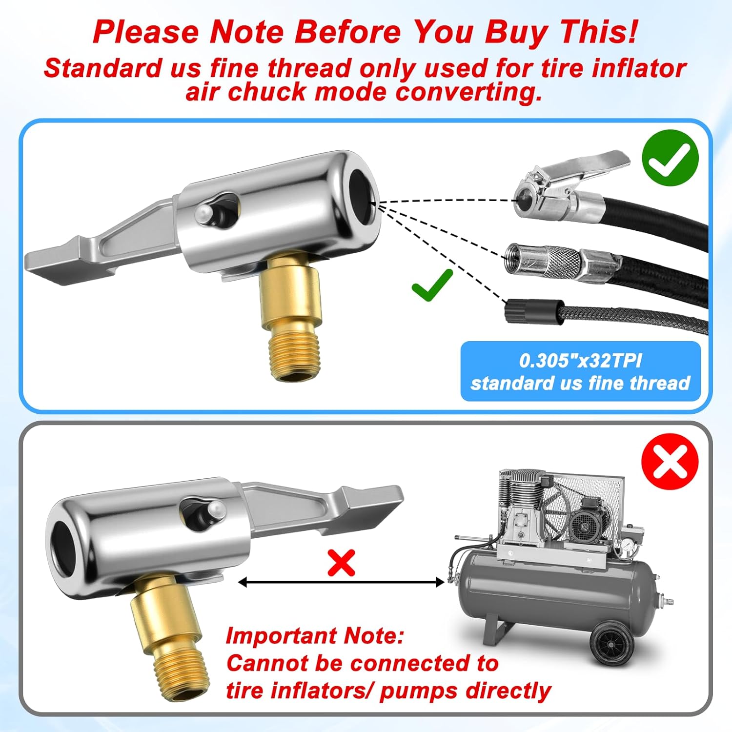 2 Pcs Tire Inflator Hose Adapter Lock on Air Chuck Locking, Metal Locking Air Chuck with Standard Tire Valve Thread No Leakage Inflating Nozzle for Portable Tires Pump, Airs Compressor