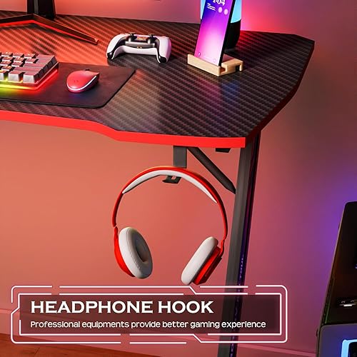Miniatura 21 de PayLessHere Escritorio para juegos de 47 pulgadas, mesa de fibra de carbono, estación de trabajo Ultimate Gamer con soporte para tazas y gancho para