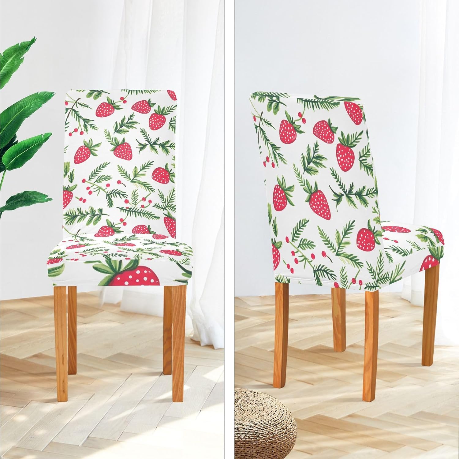 ALAZA Chair Covers for Dining Room, Strawberry Grass Pattern Stretch Chair Cover Sets Chair Protector Removable Washable for Ktichen Restaurant Hotel