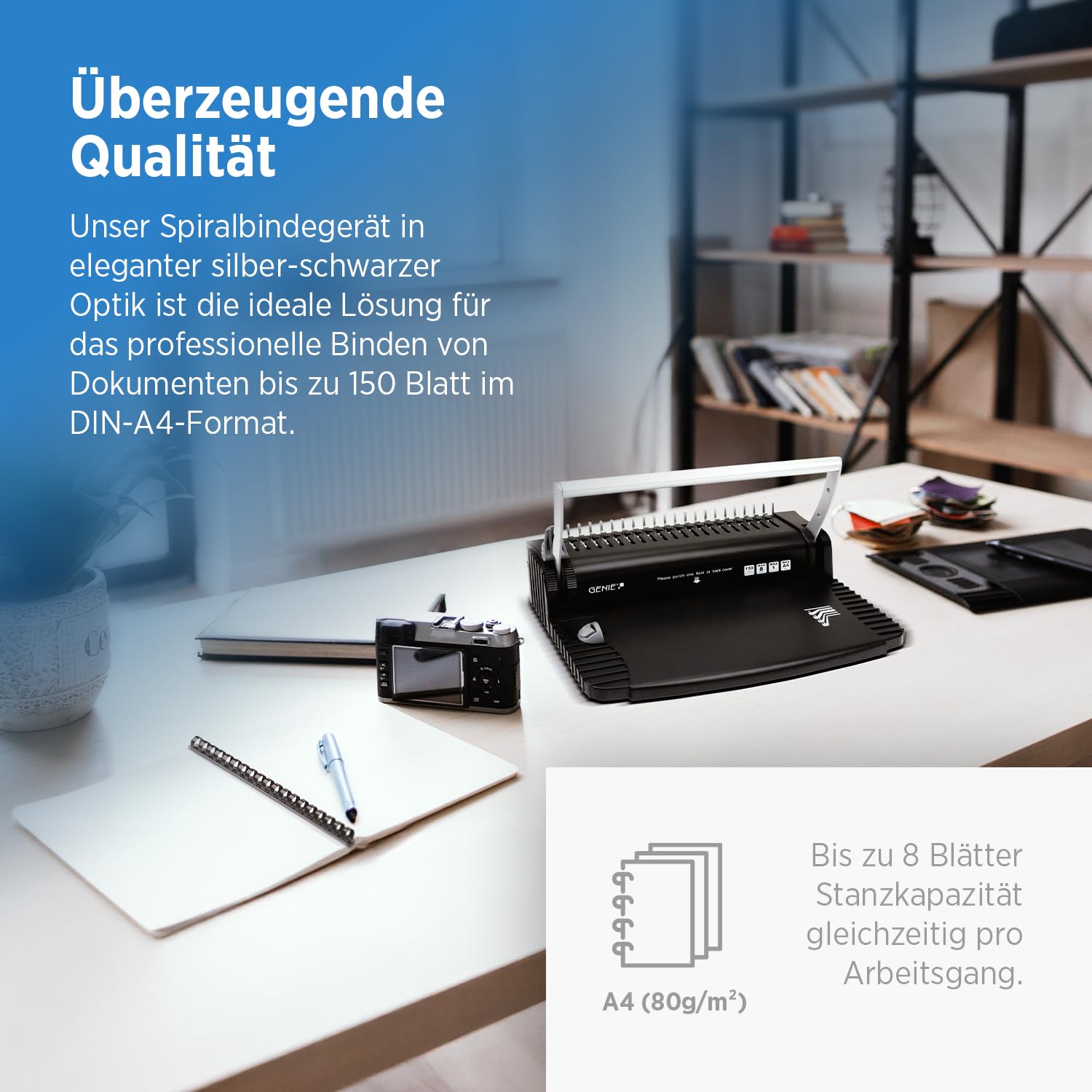 GENIE CB 820 Spiralbindegerät 38cm inkl. 20 Binderücken| Bindegerät Spiralbindung bis 150 Blatt | Bindemaschine mit Stanzfunktion für 8 Blätter | Spiralbinder für Schule, Büro & Zuhause