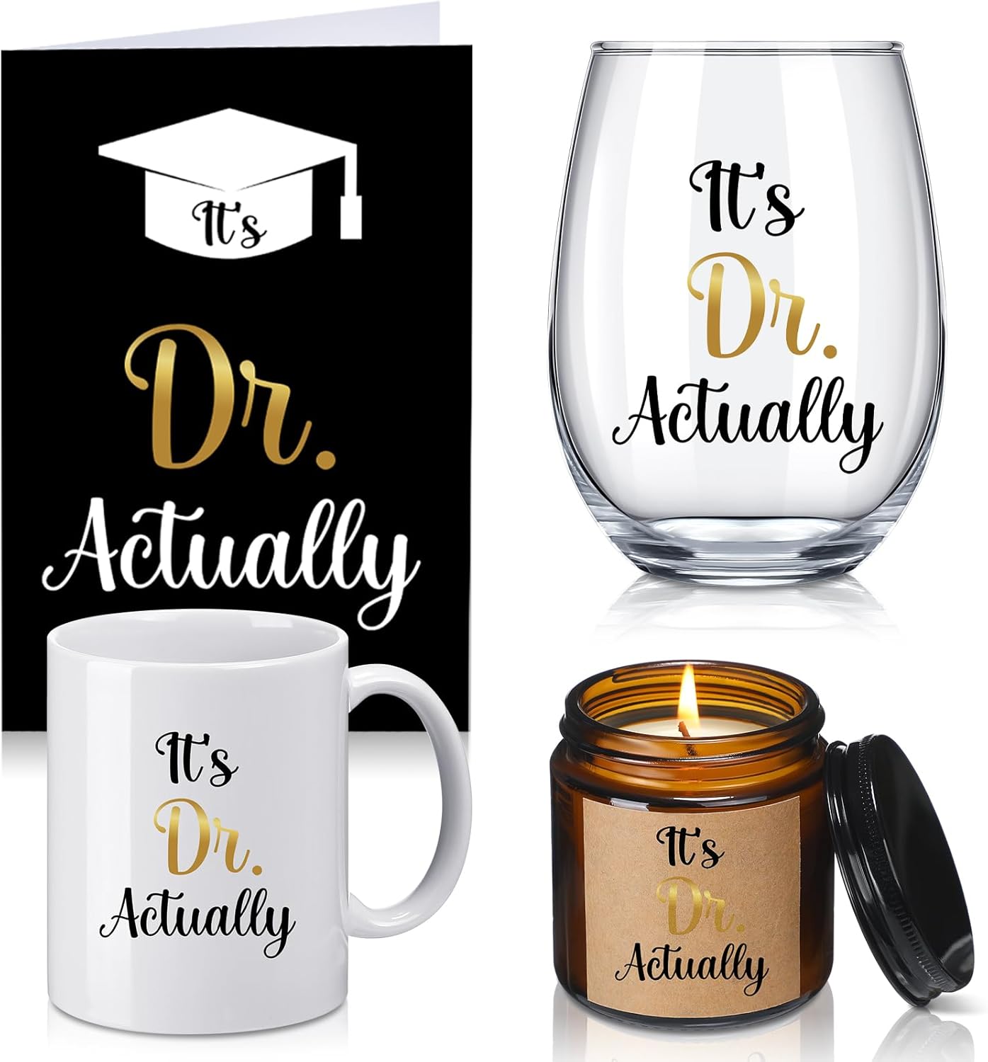 It's Dr Actually PhD Graduation Gift Set: 11oz Funny Coffee Mug, 18oz Stemless Wine Glass, Candle & Card for Doctors & Medical Grads