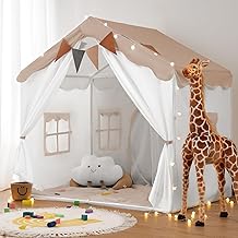 besrey 2-in-1 Children's Tent with Padded Carpet, Lights and Flags, Children's Playhouse Fabric with 2 Doors and 4 Windows, Cabins for Children (Light Brown)