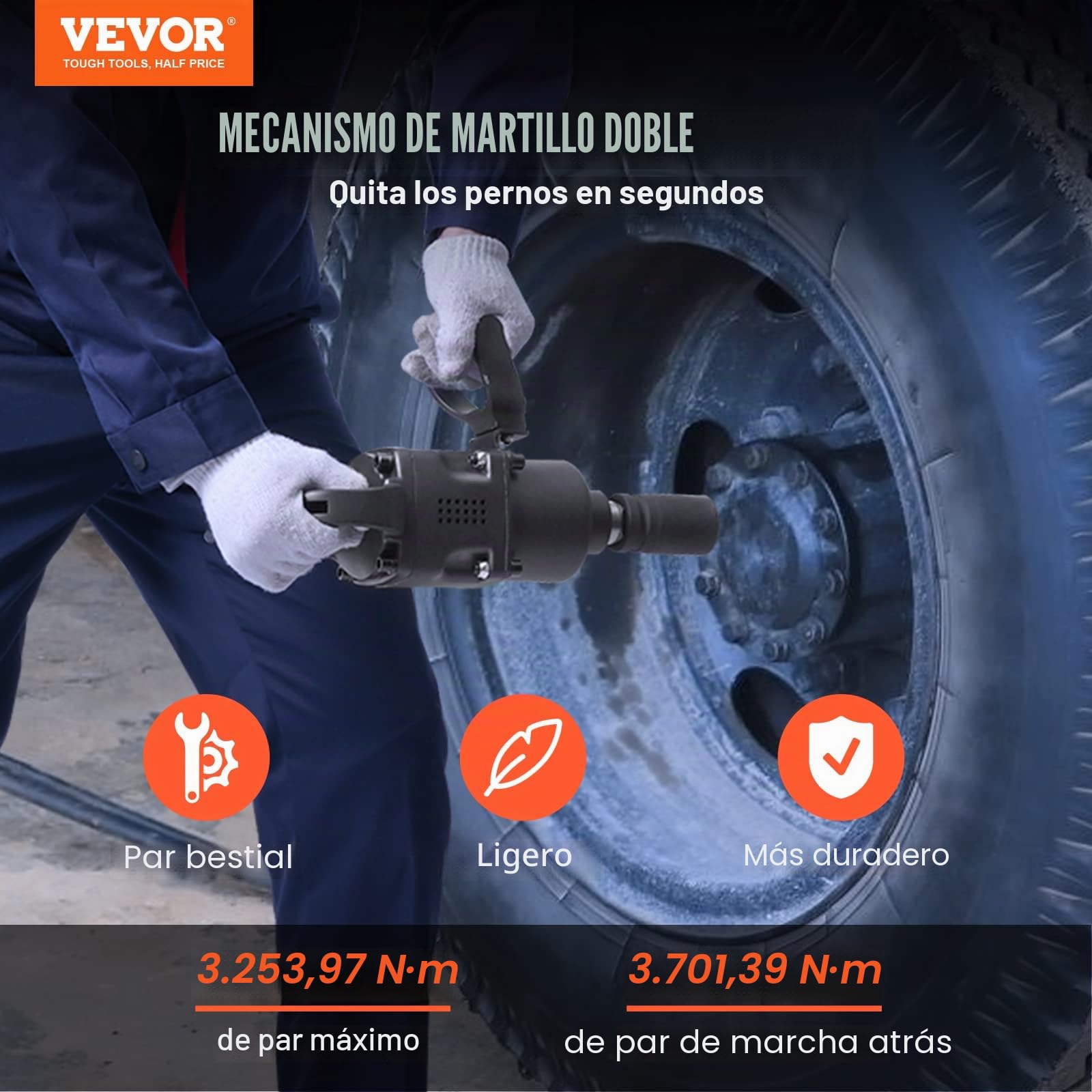 VEVOR Llave de impacto de aire, pistola de impacto de aire de 1 pulgada, par inverso de 2730 pies-libras, mango en D liviano para reparaciones de servicio pesado, tareas de camiones