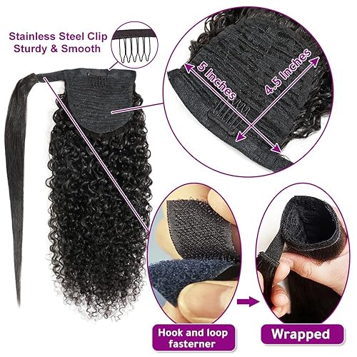 Miniatura 4 de Extensión de cola de caballo de 16 pulgadas de cabello humano rizado para mujeres negras, pieza de cabello envolvente con pasta mágica