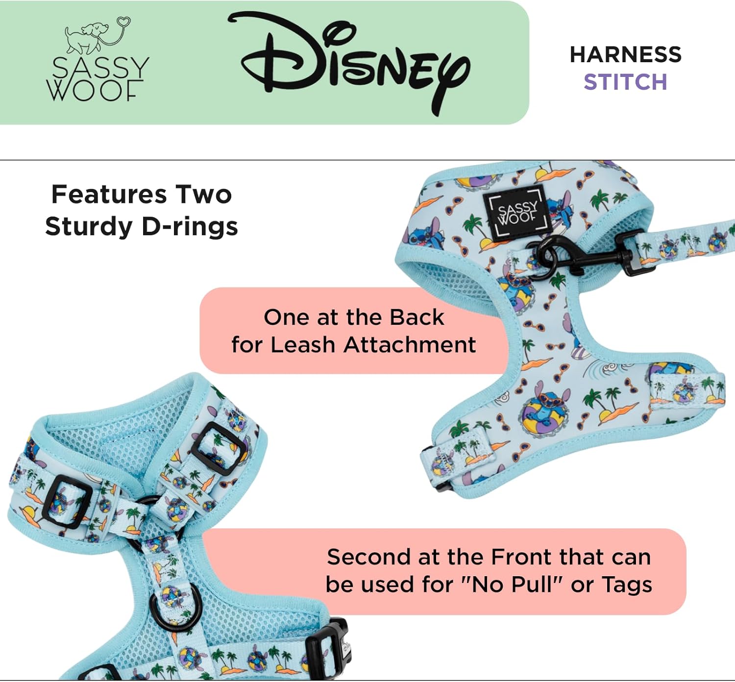 Sassy Woof Dog Adjustable Harness - Disney Stitch - XL, Breathable Mesh, No Pull Design with Two D-Rings, Patented Design, Perfect for Extra Large Dogs - Officially Licensed