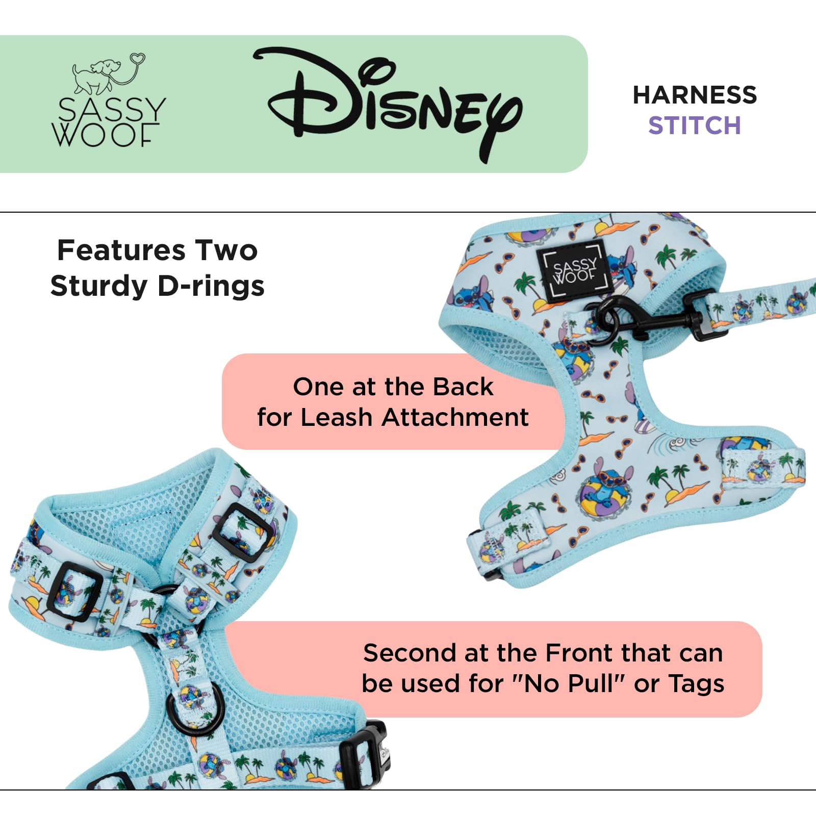 Sassy Woof Arnés ajustable para perro, Disney's Stitch, XL, malla transpirable, diseño sin tirones con dos anillos en D, perfecto para perros extragrandes