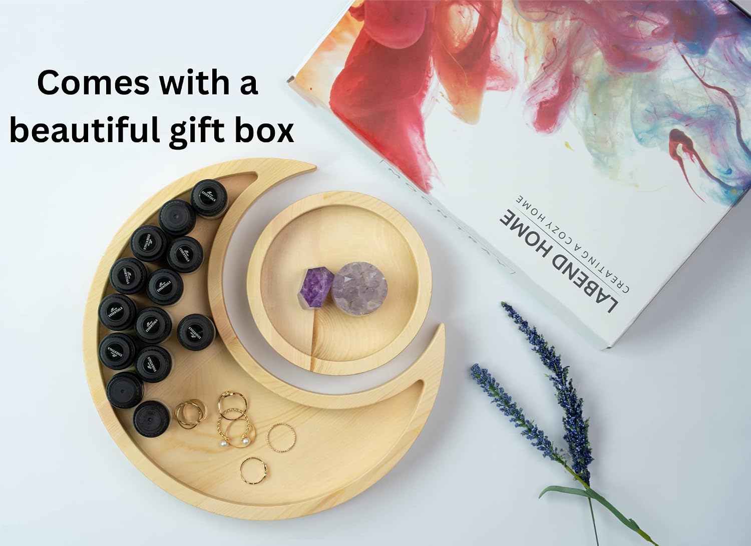 Crystal Holder Moon Tray with Round Dish Display - Natural Pine Wooden Crystal Tray for Stones Healing Crystals Storage and Organizer - Crescent Spiritual Boho Home Decor Essential Oil Jewelry Rings
