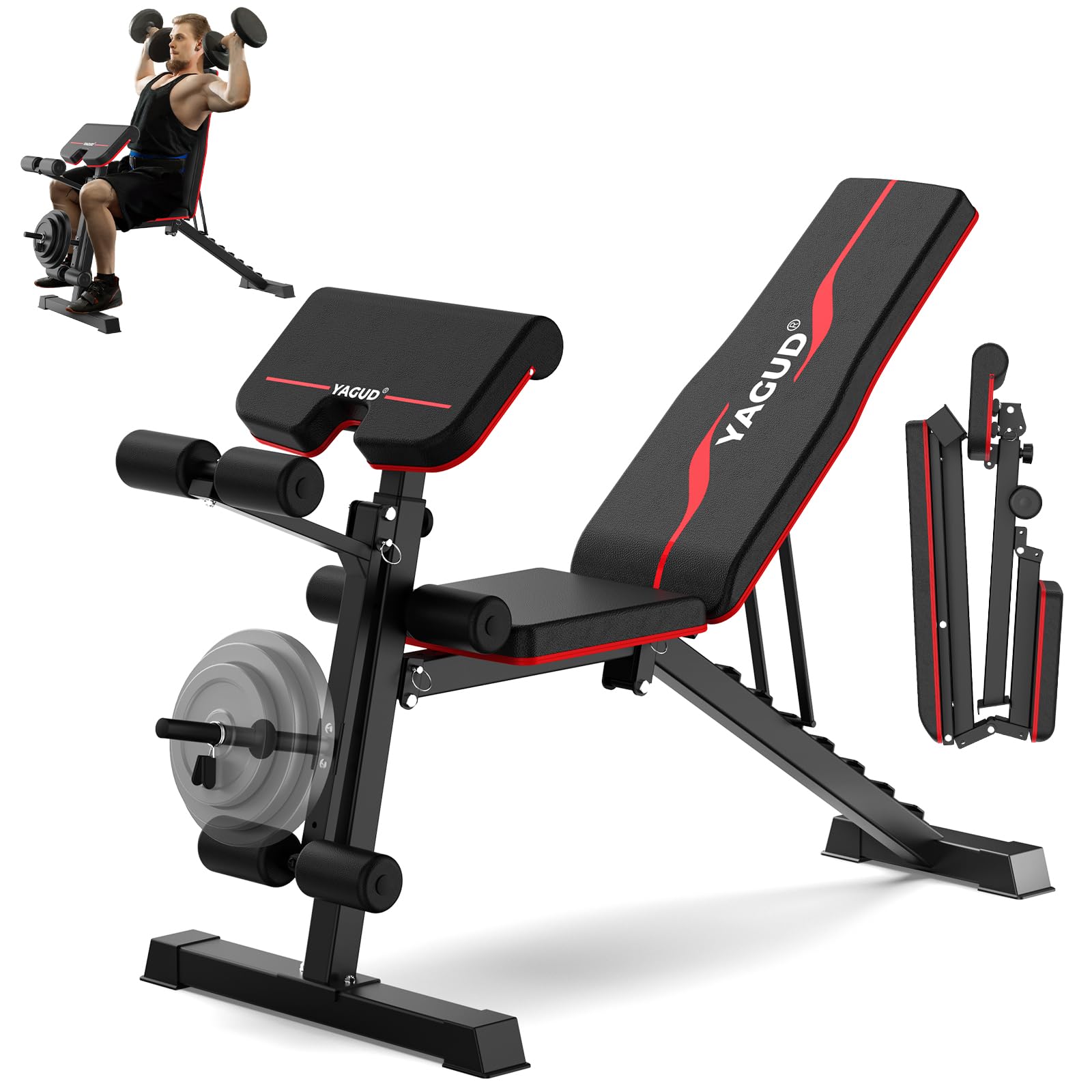 Weight Bench Set, 880LBS Adjustable Bench Press Set with Leg Extension and Barbell Rack, Safety Bar Catches, Fasting Foldable Workout Benches for Home and Gym Red