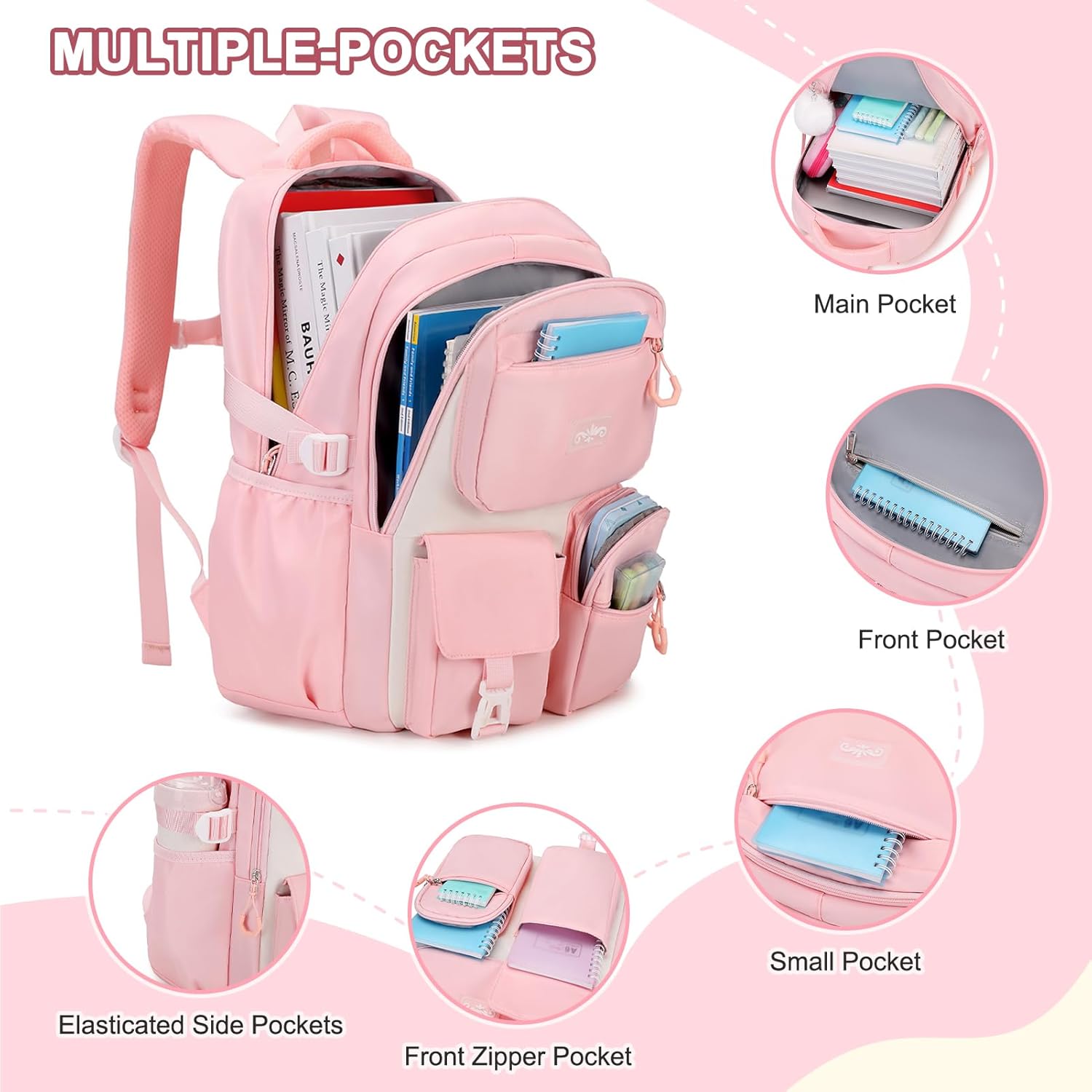 Backpack for Girls - Girls Backpack with Lunch Box & Pencil Pouch for Teen Kids, Laptop Backpack for Women, School Backpacks for Girl Elementary Middle High School Bookbag Daypack (Pink) - Image 3